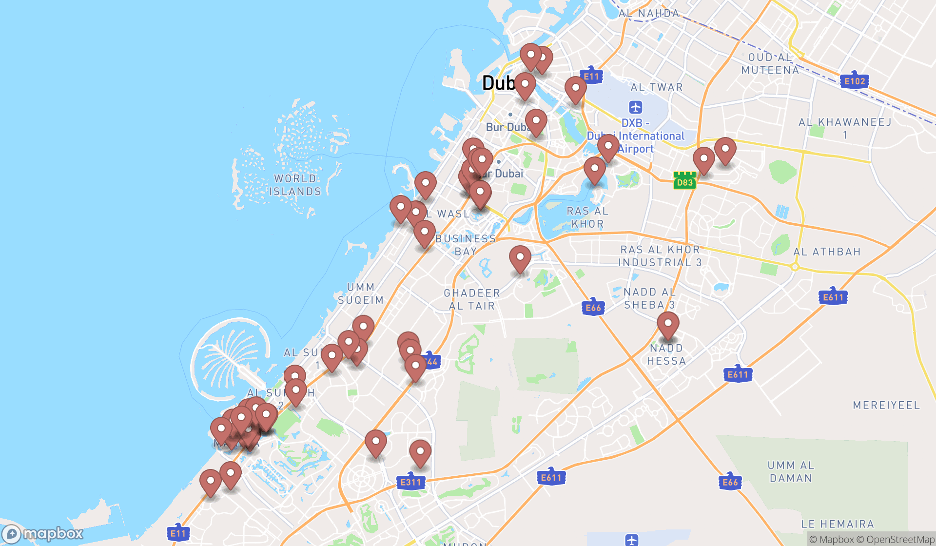 Map showing the search results in Dubai