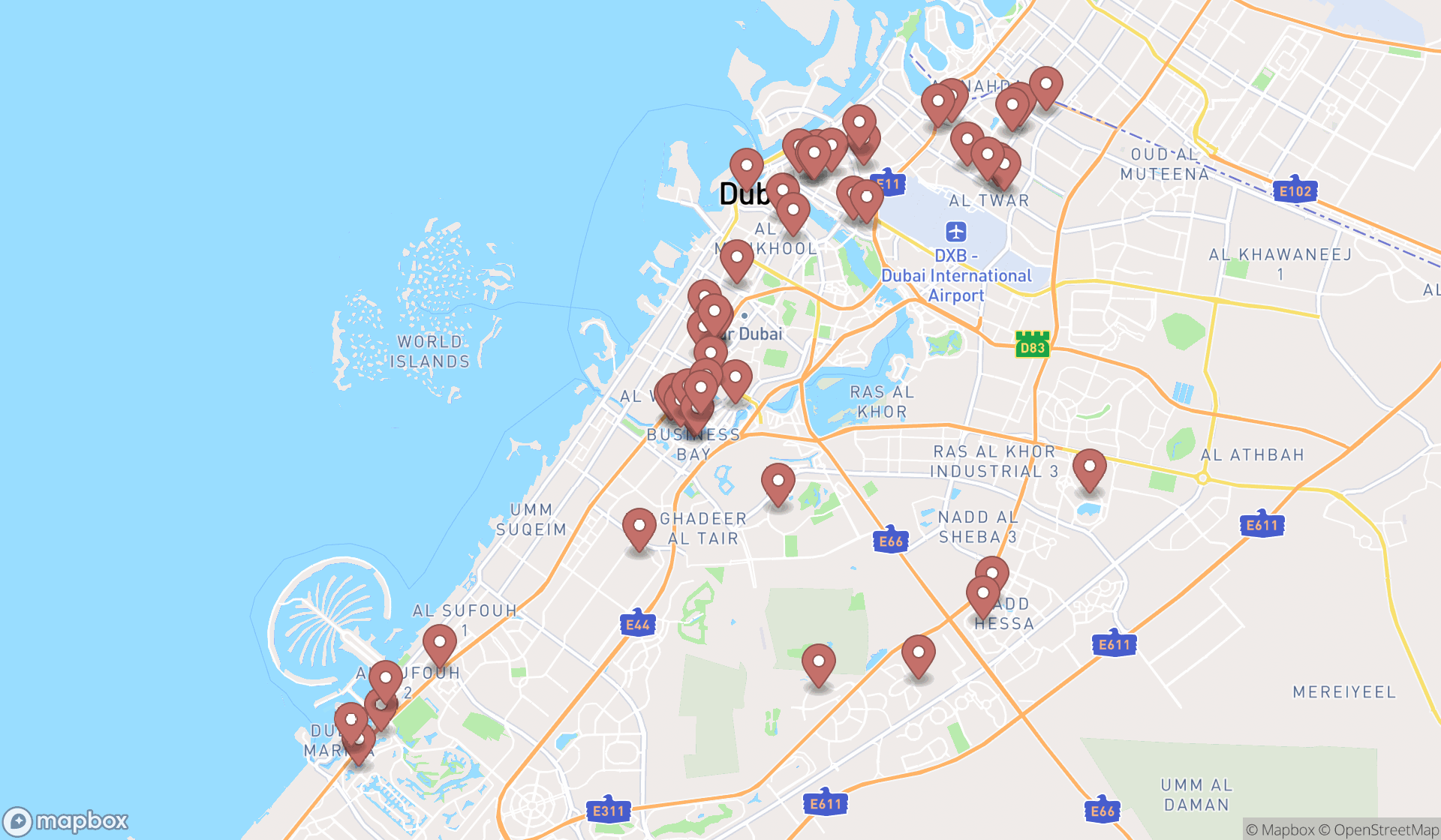 Map showing the search results in Dubai