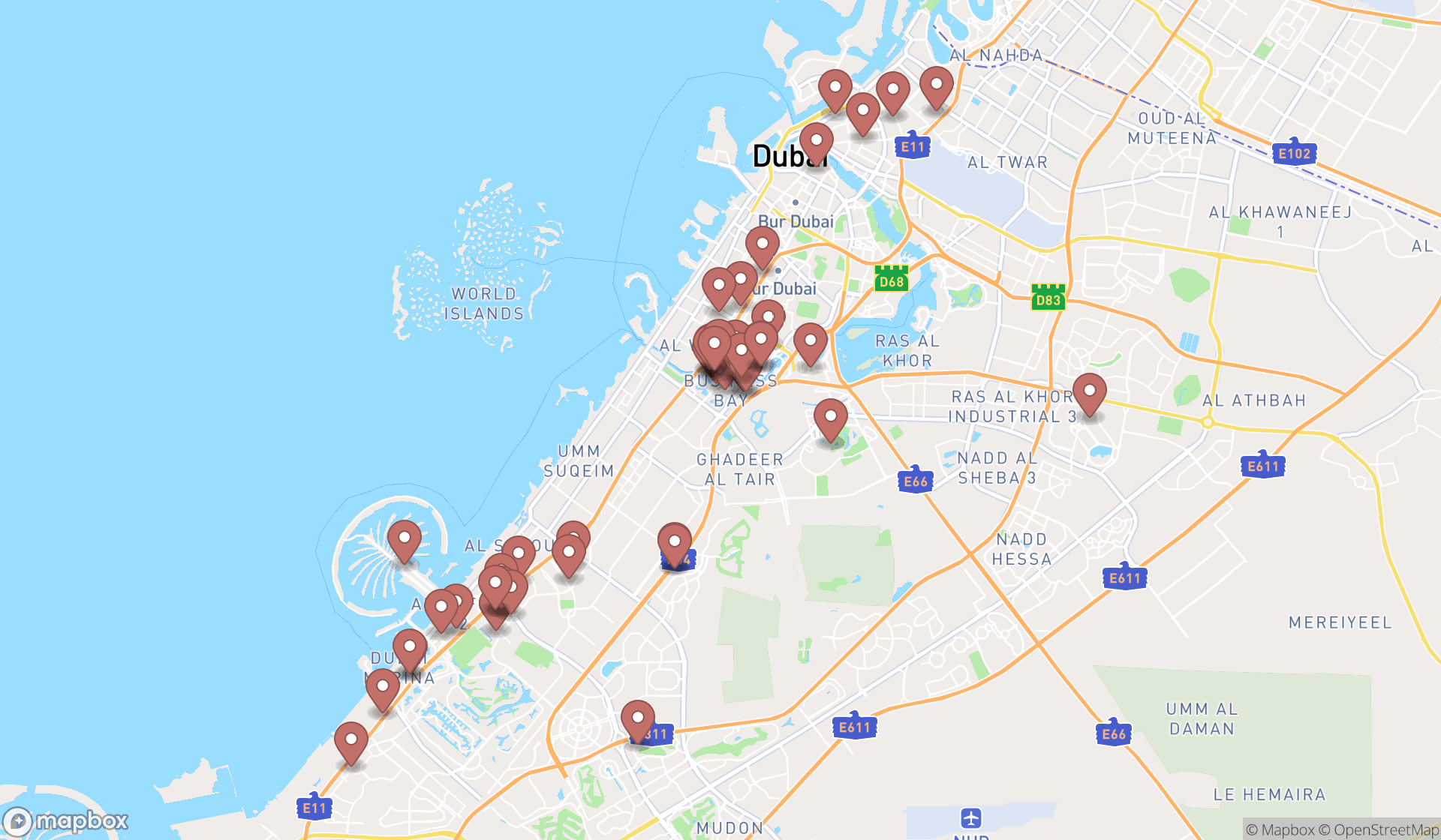 Map showing the search results in Dubai
