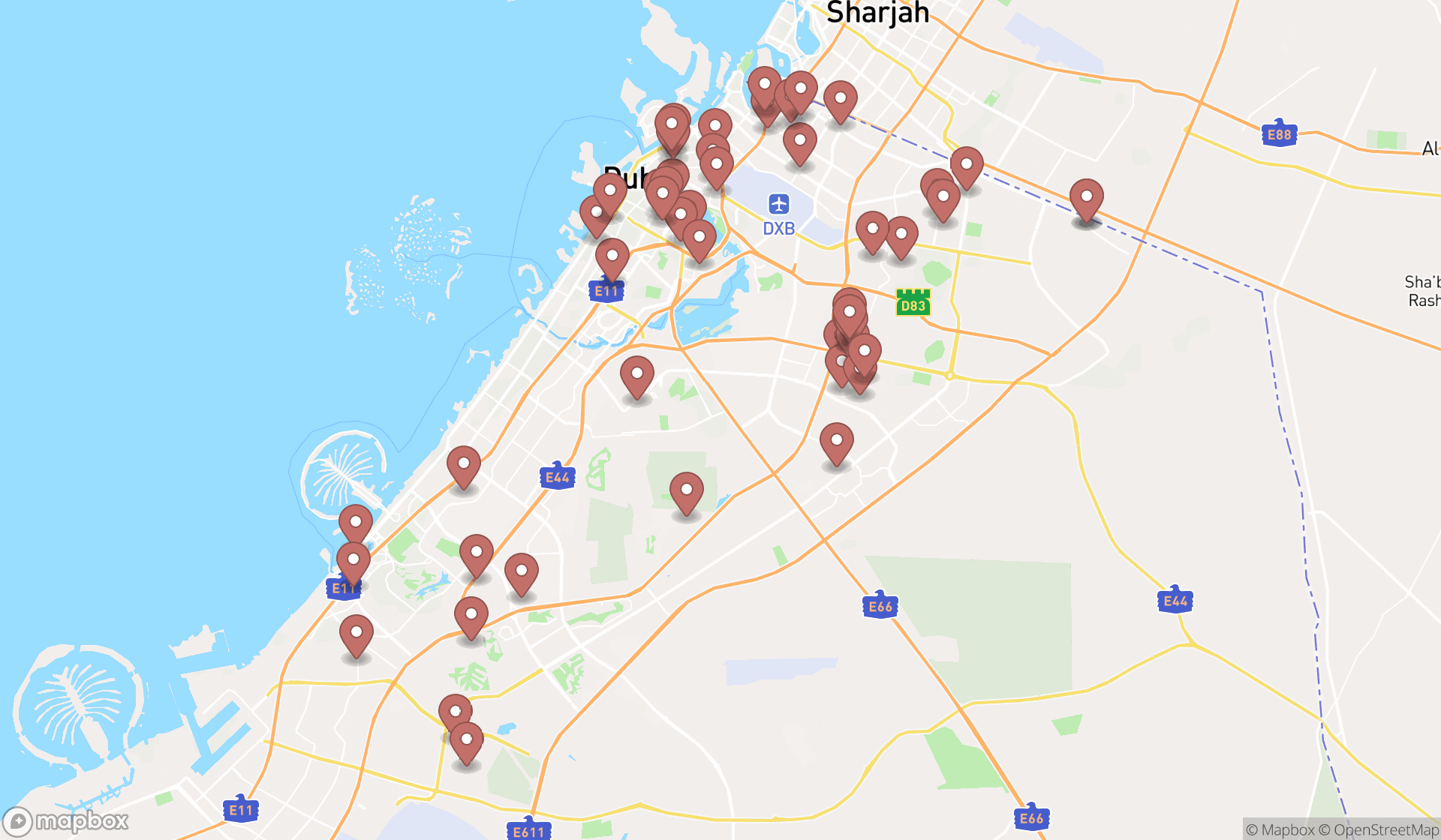 Map showing the search results in Dubai