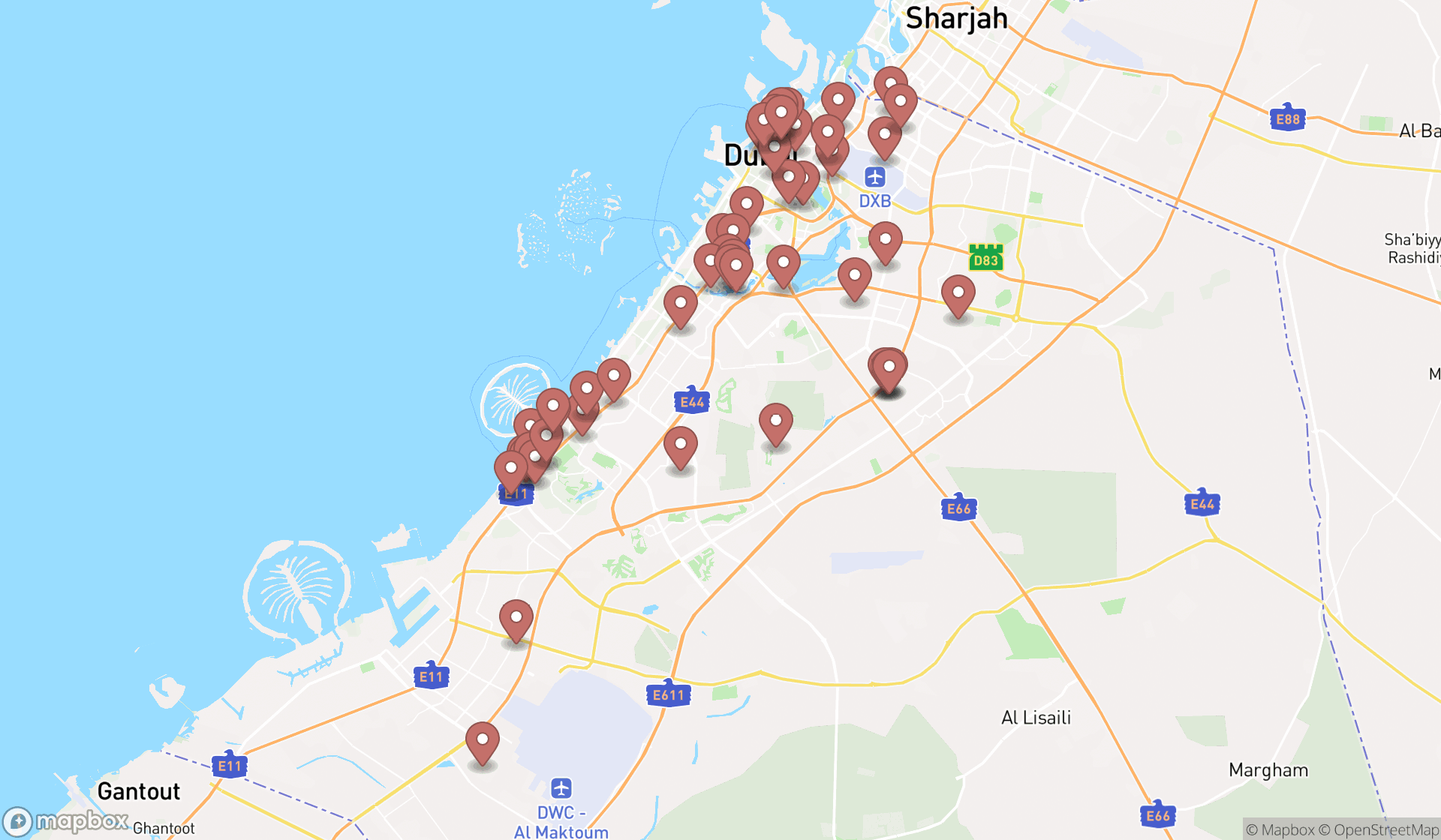 Map showing the search results in Dubai