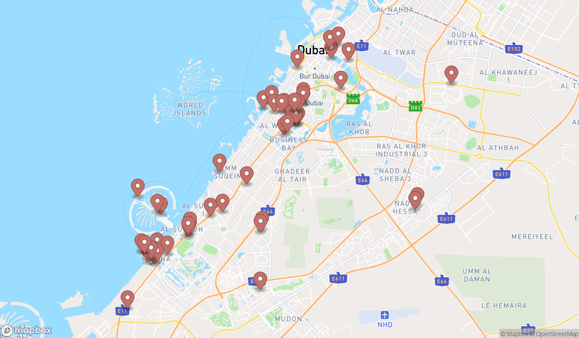 Map showing the search results in Dubai