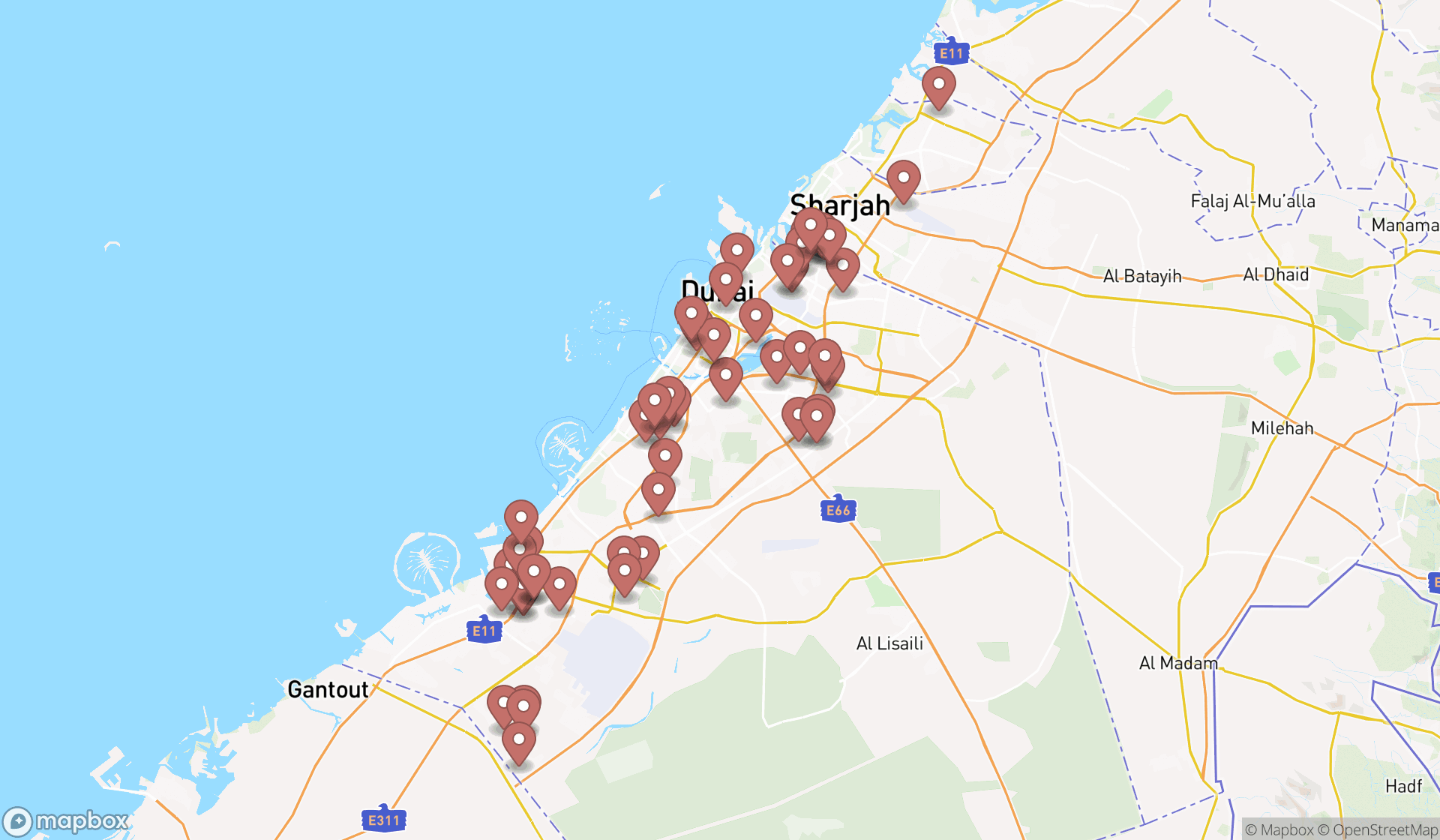 Map showing the search results in Dubai
