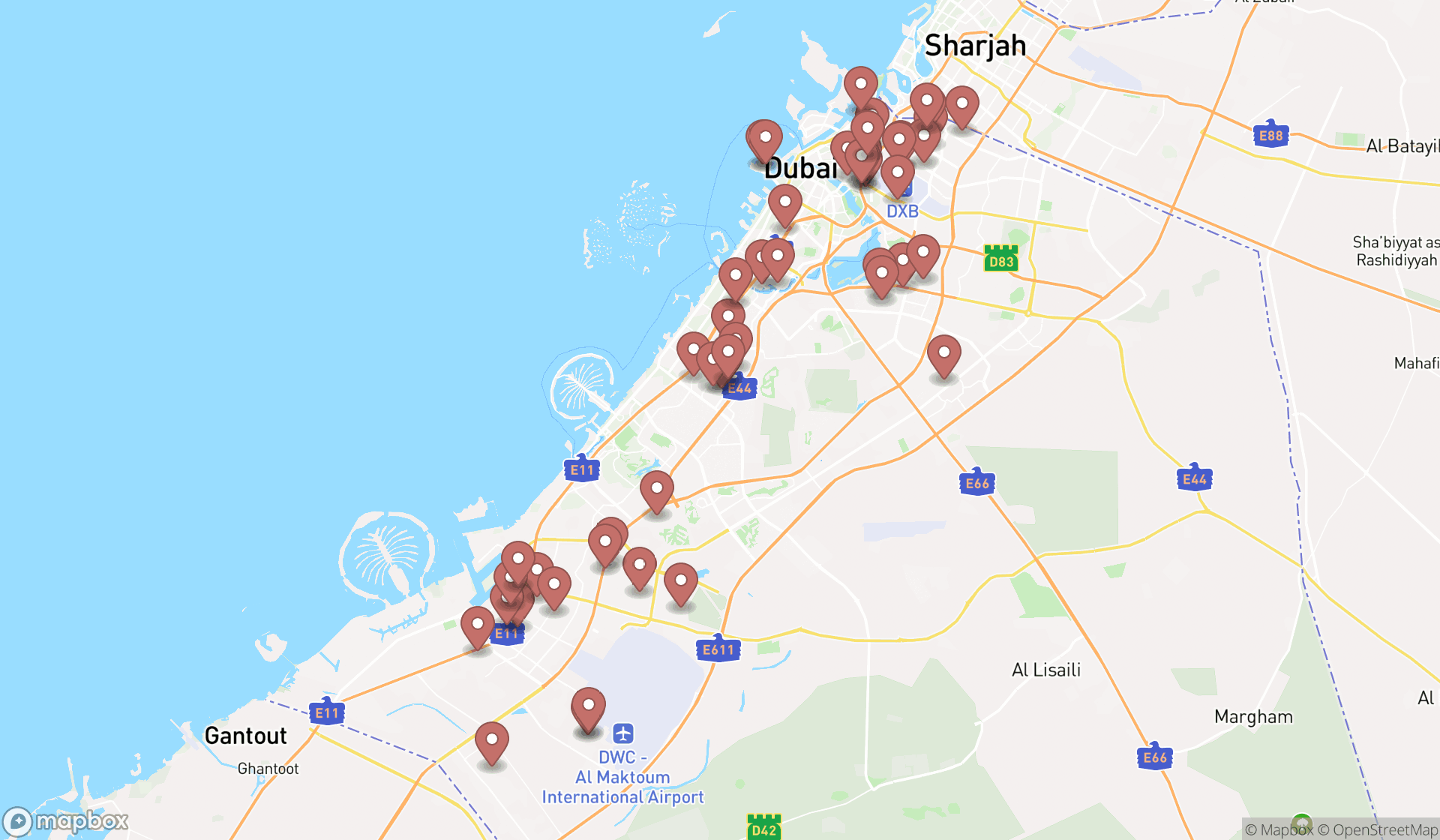 Map showing the search results in Dubai
