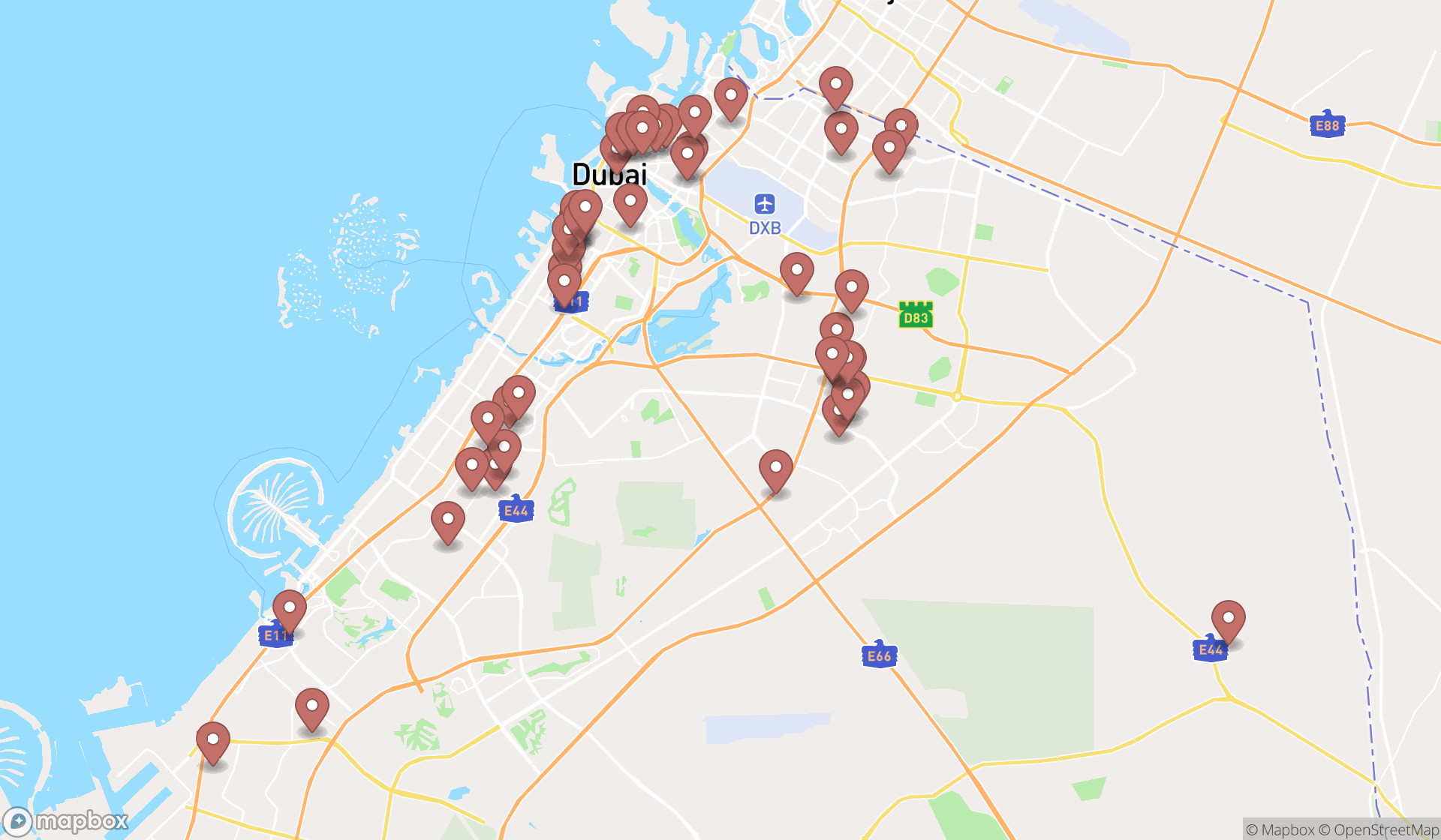 Map showing the search results in Dubai