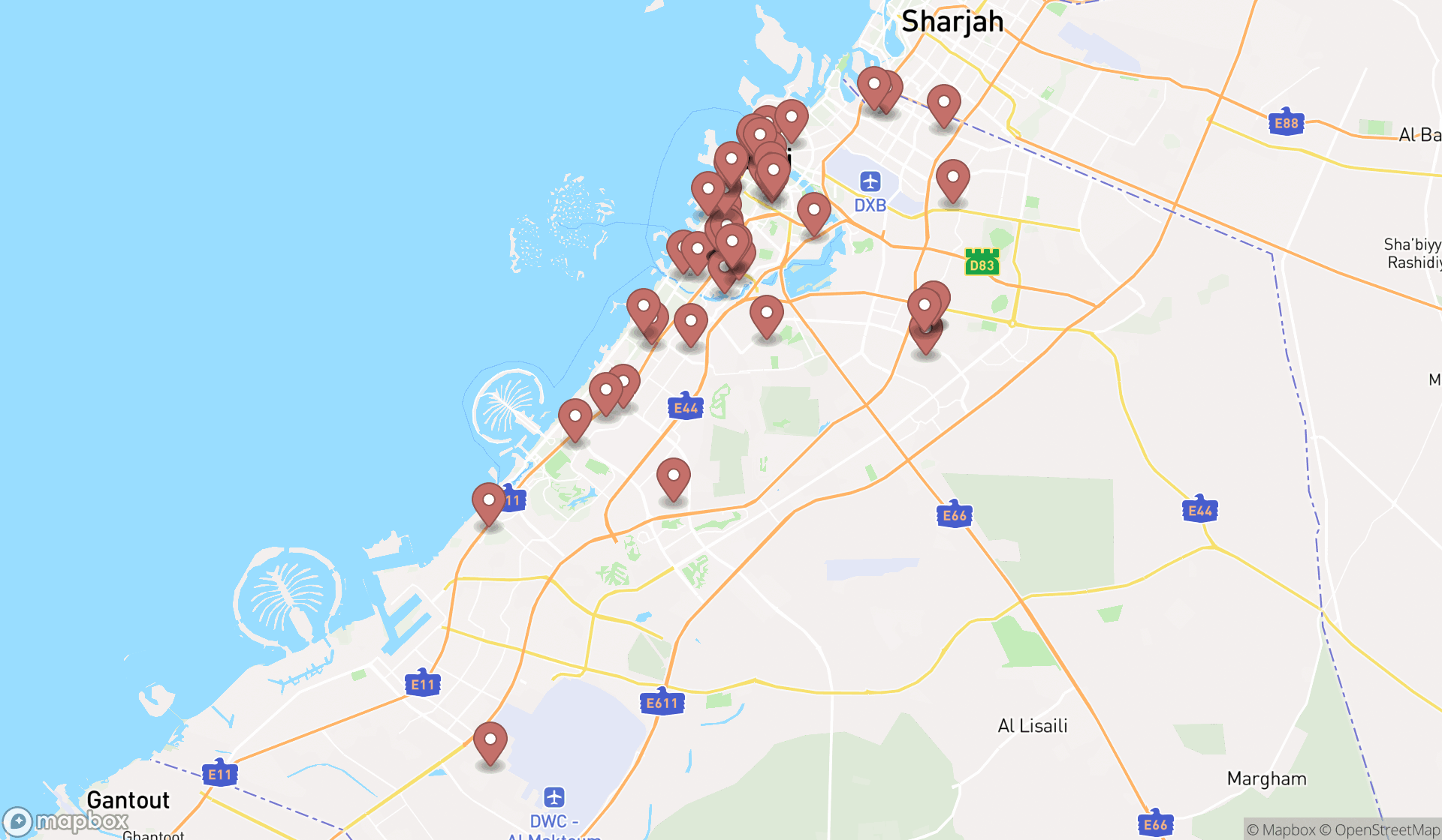 Map showing the search results in Dubai