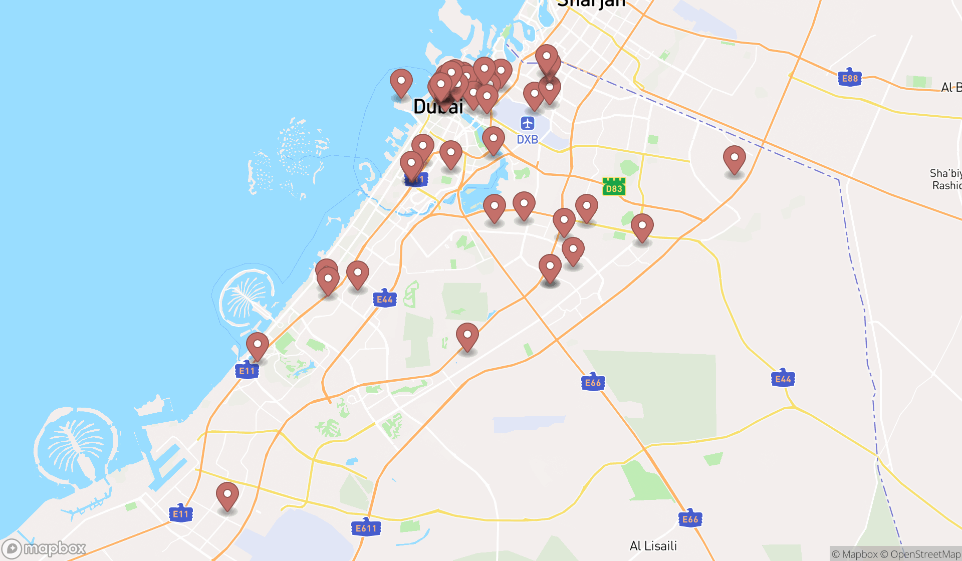 Map showing the search results in Dubai