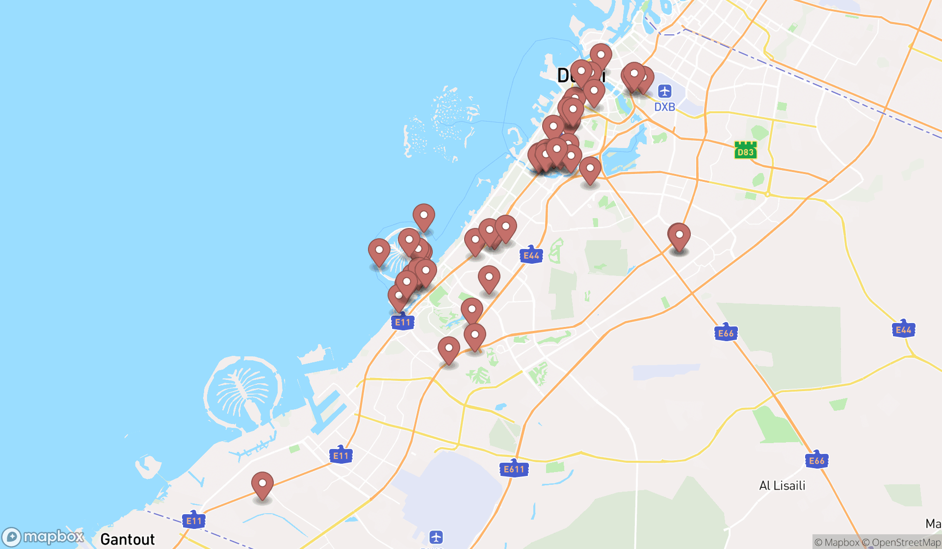 Map showing the search results in Dubai
