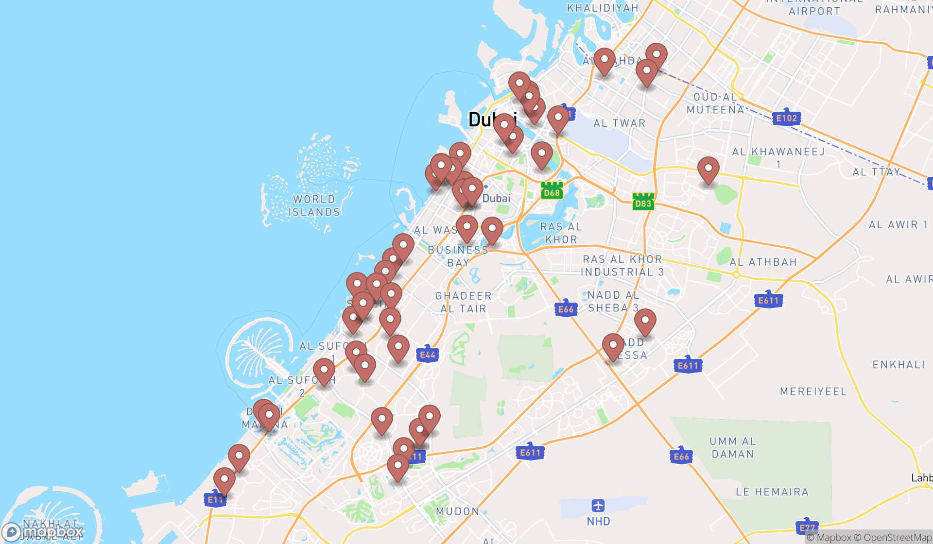 Map showing the search results in Dubai