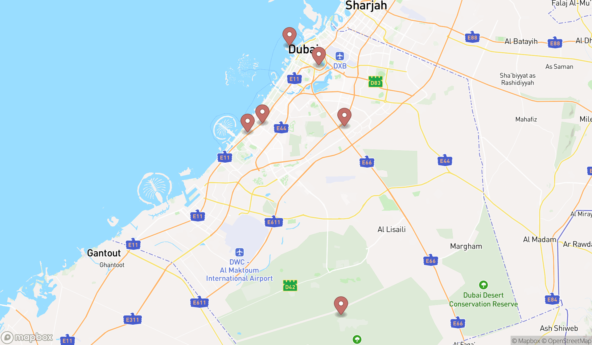 Map showing the search results in Dubai