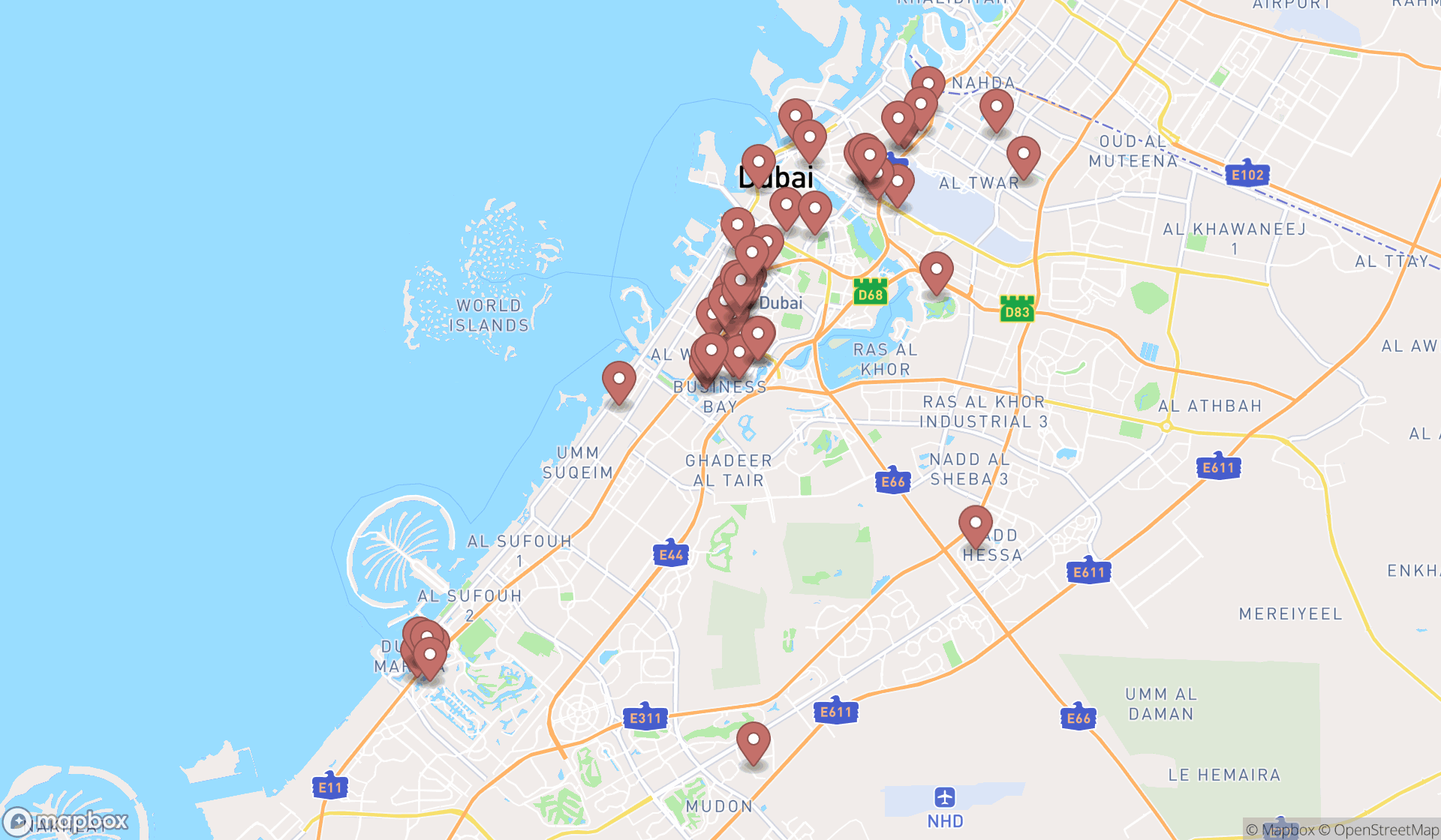 Map showing the search results in Dubai