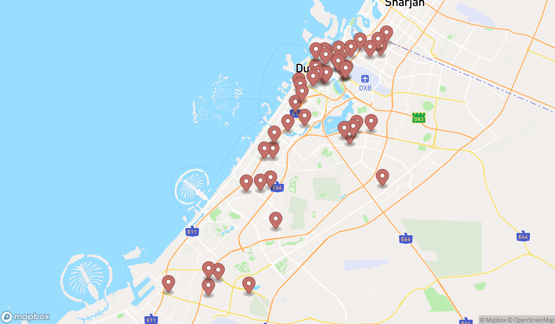 Map showing the search results in Dubai