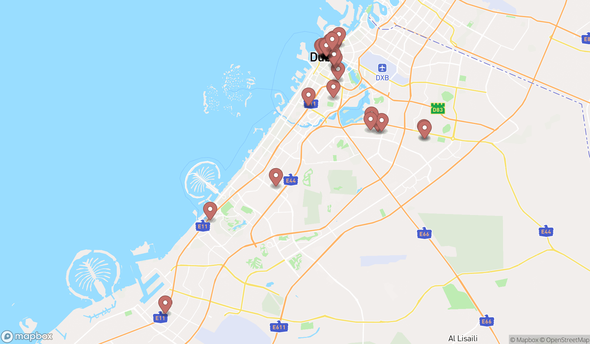 Map showing the search results in Dubai