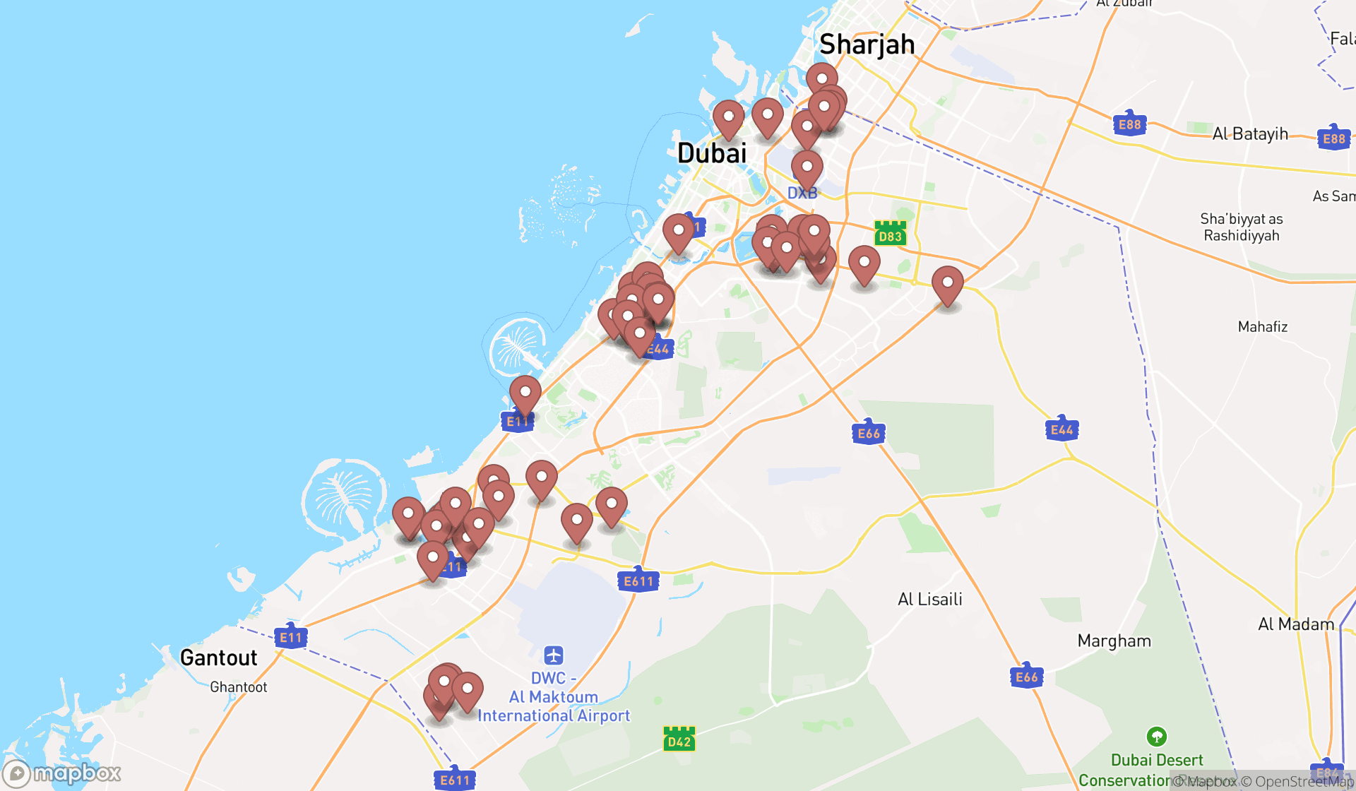 Map showing the search results in Dubai