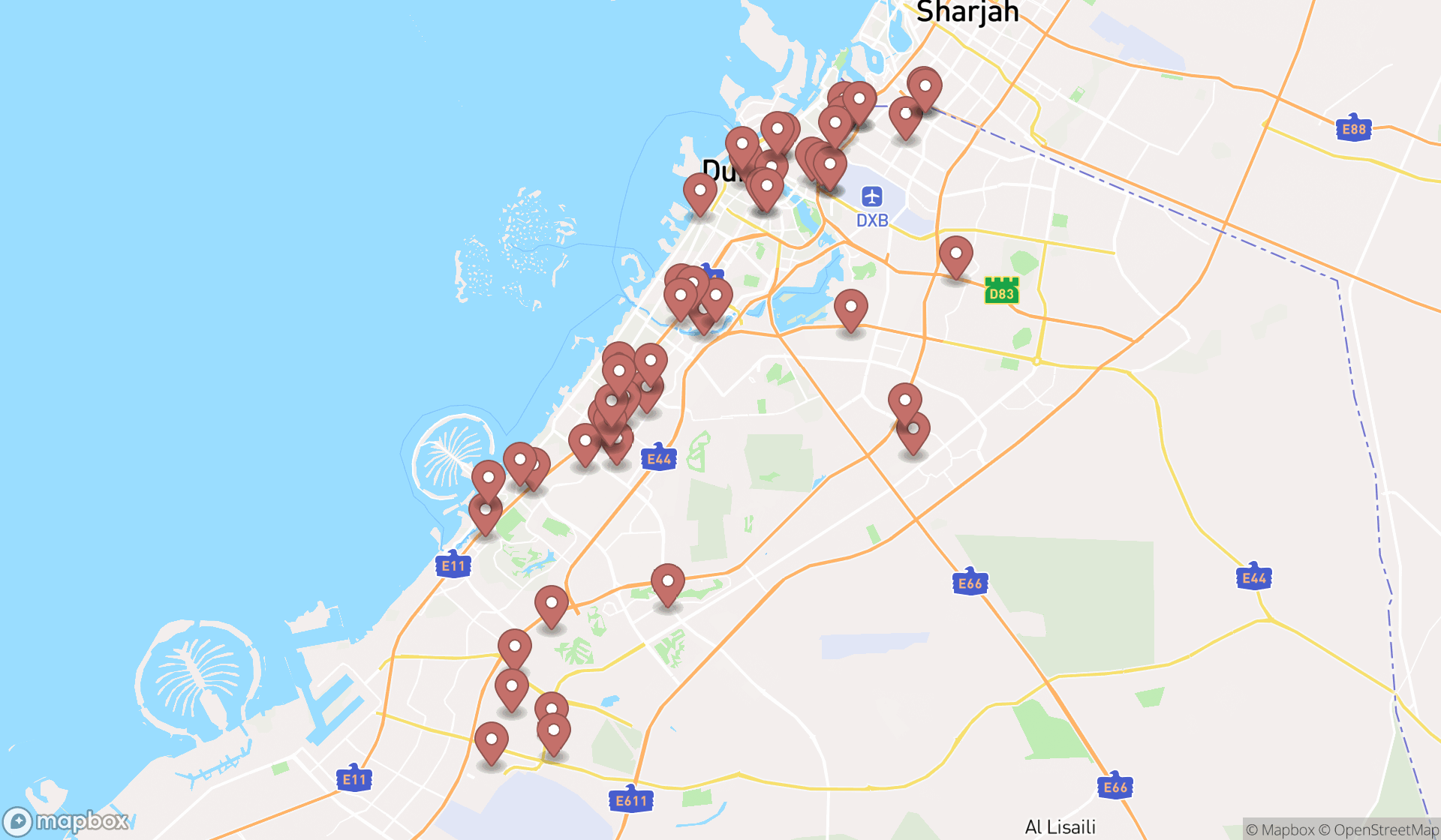 Map showing the search results in Dubai