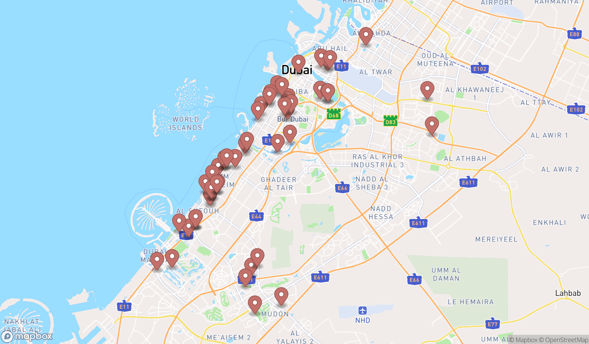 Map showing the search results in Dubai