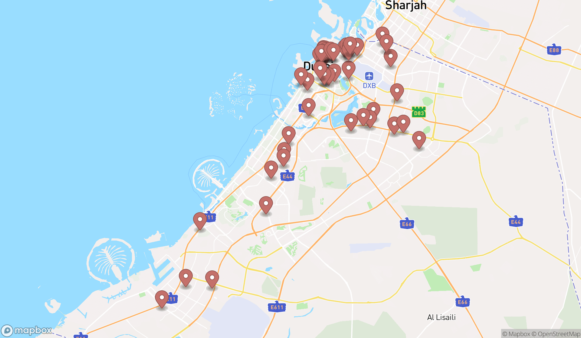 Map showing the search results in Dubai