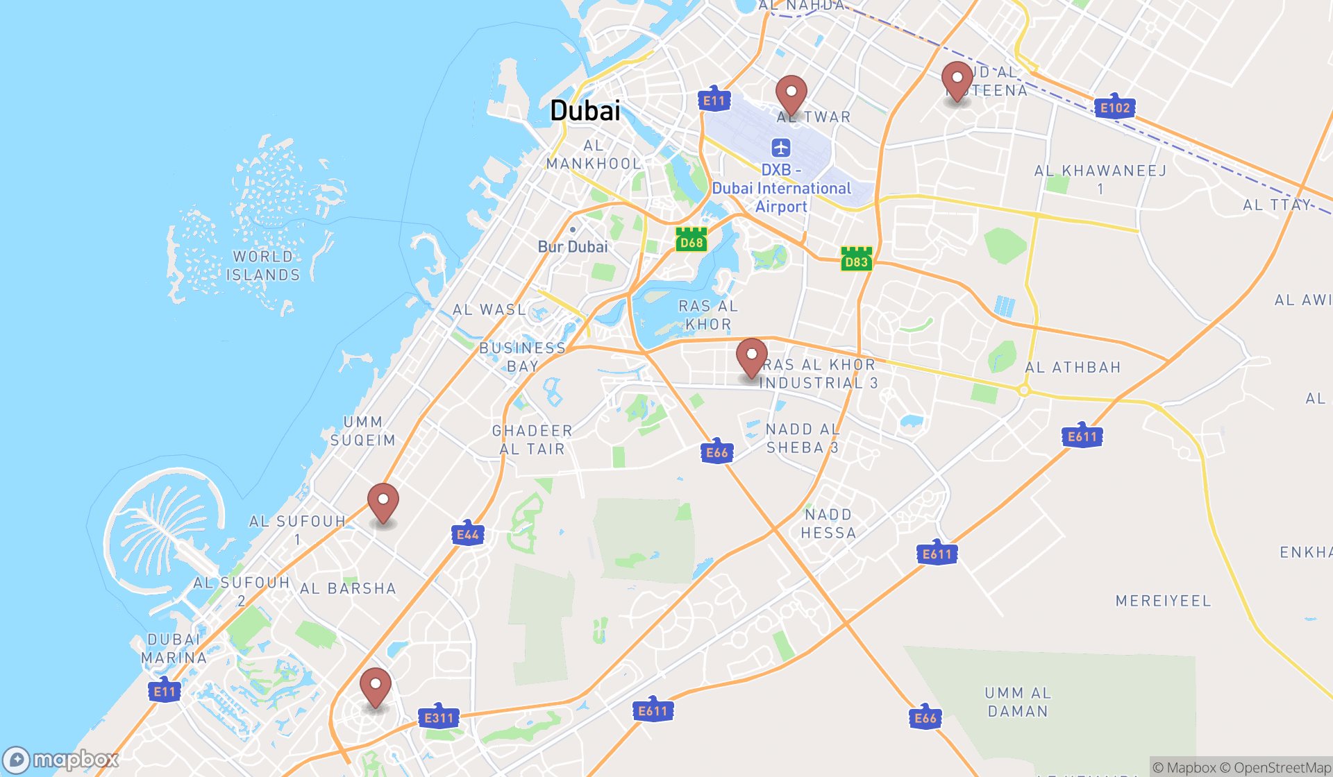 Map showing the search results in Dubai
