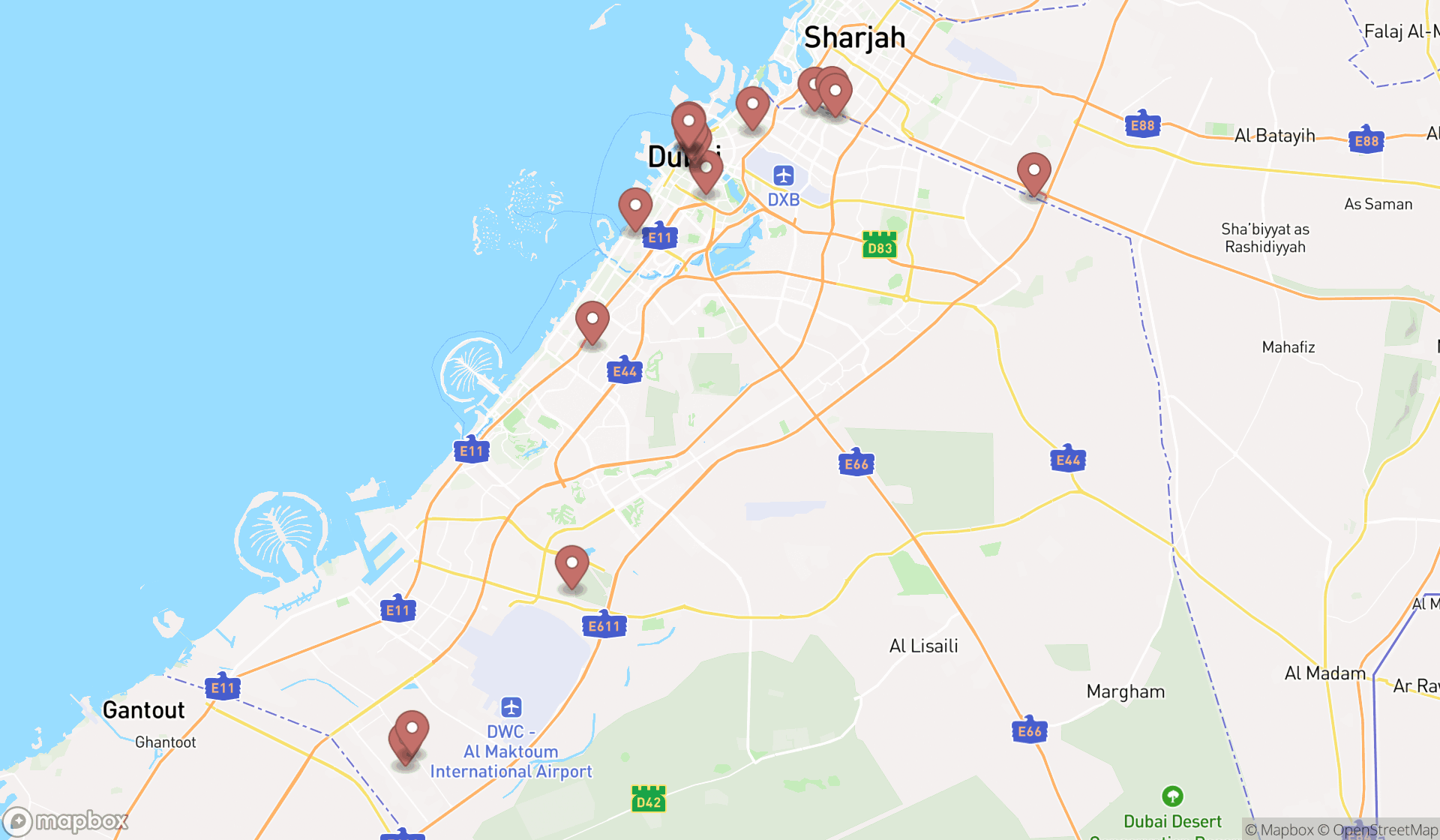 Map showing the search results in Dubai