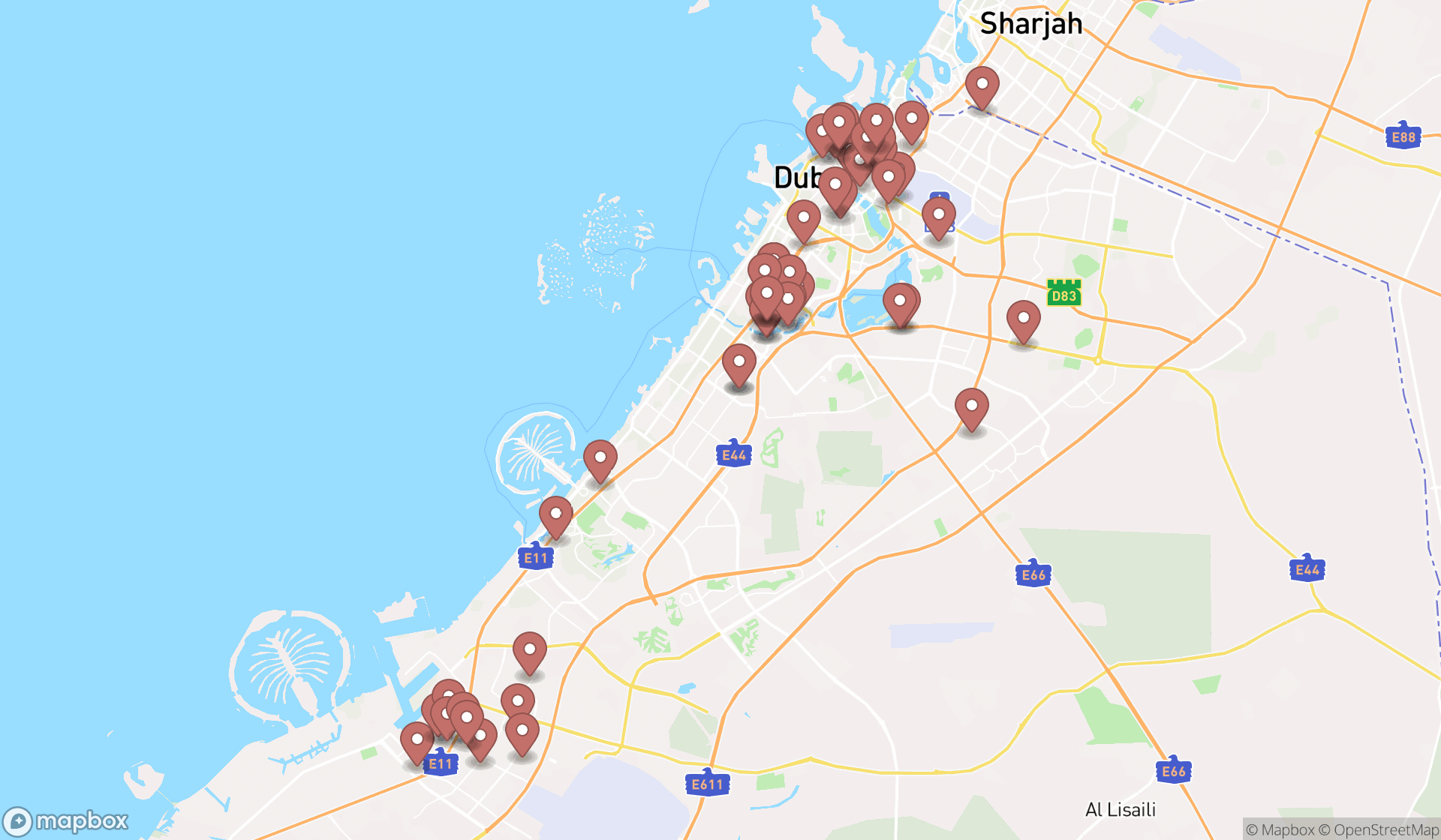 Map showing the search results in Dubai