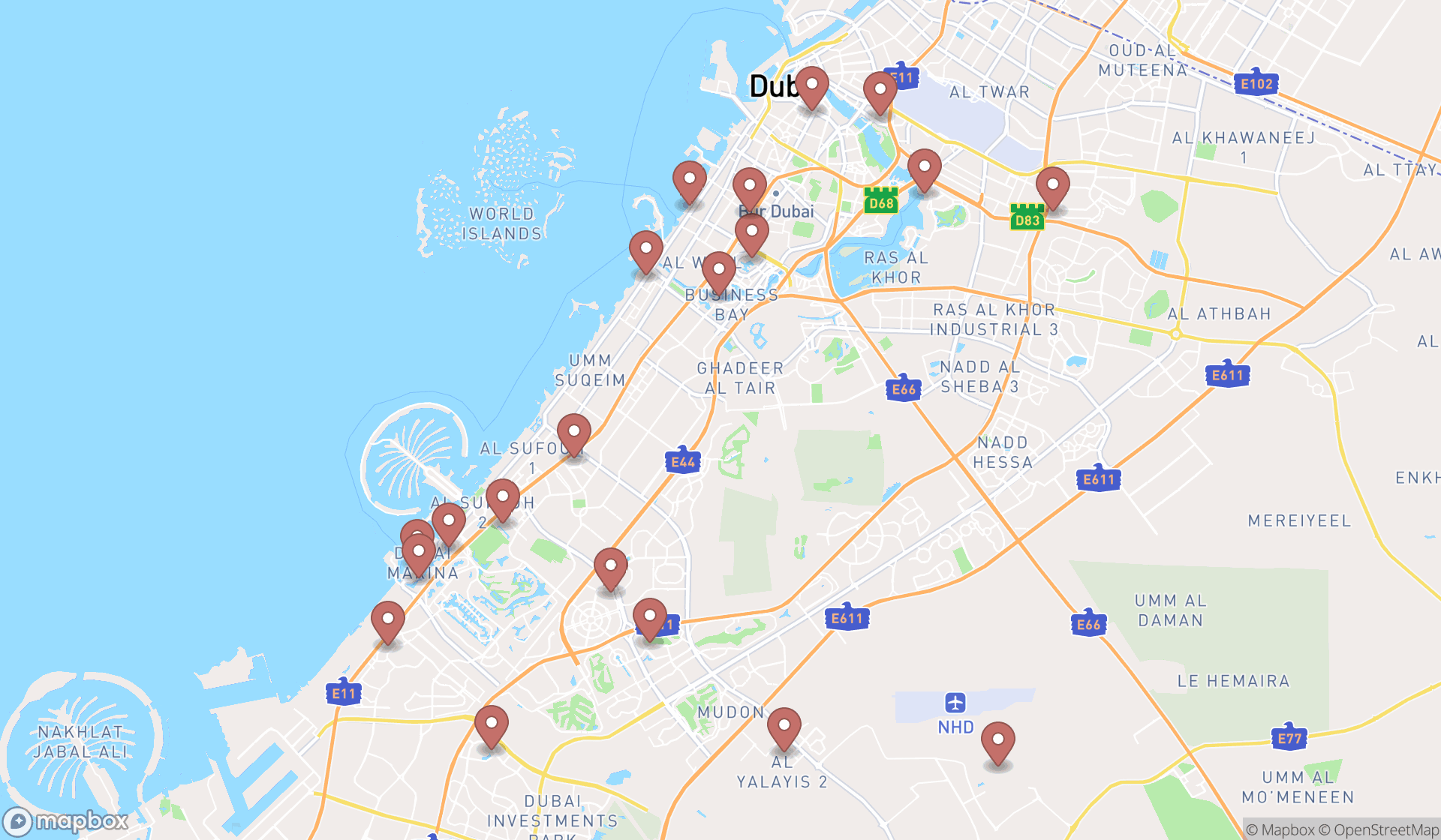 Map showing the search results in Dubai