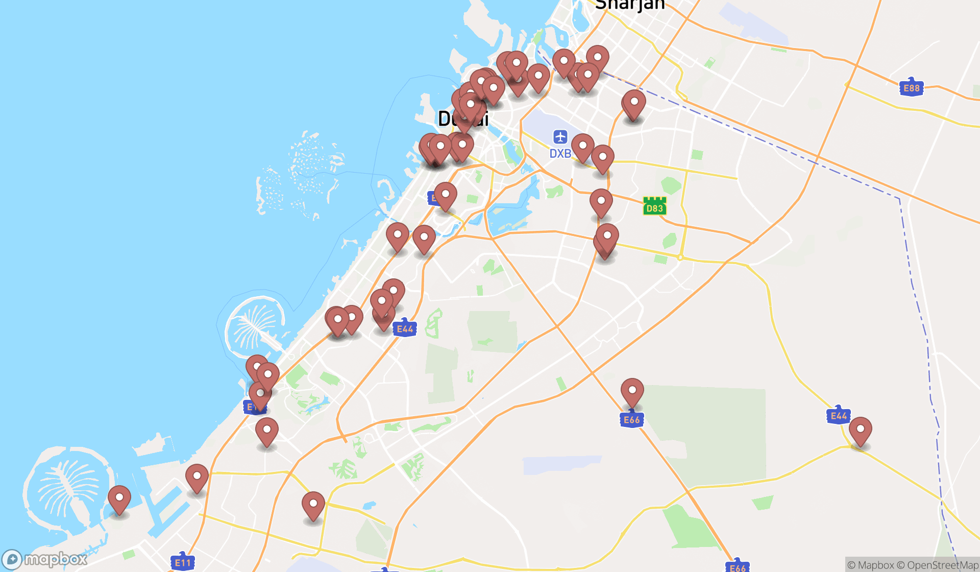 Map showing the search results in Dubai