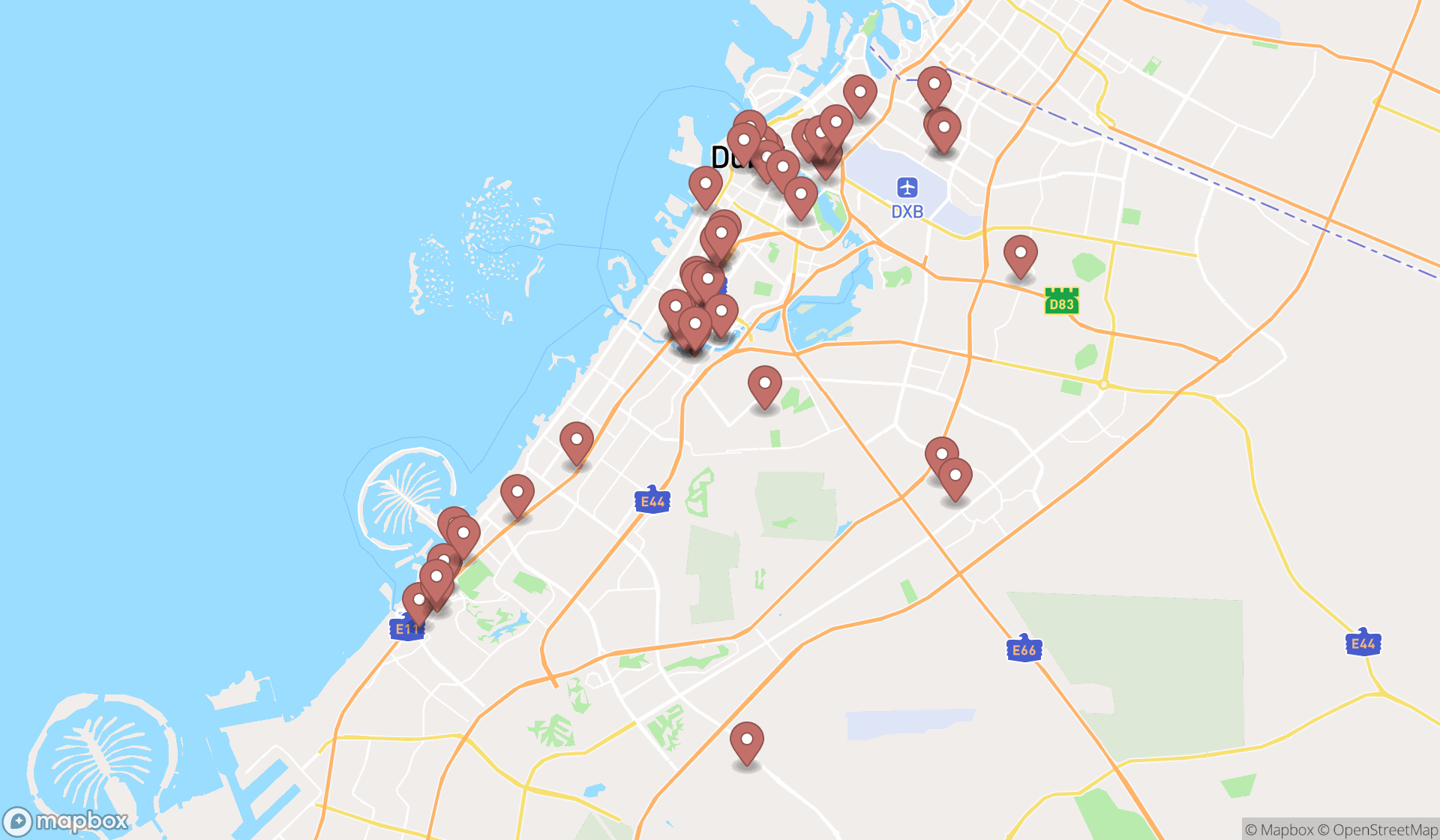 Map showing the search results in Dubai