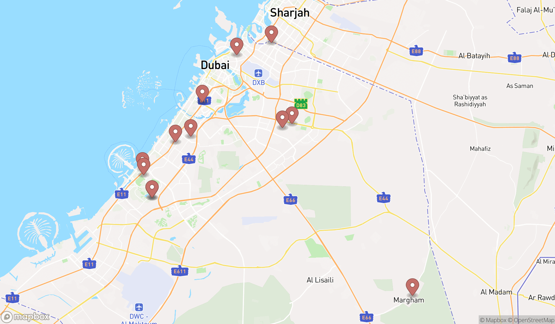 Map showing the search results in Dubai