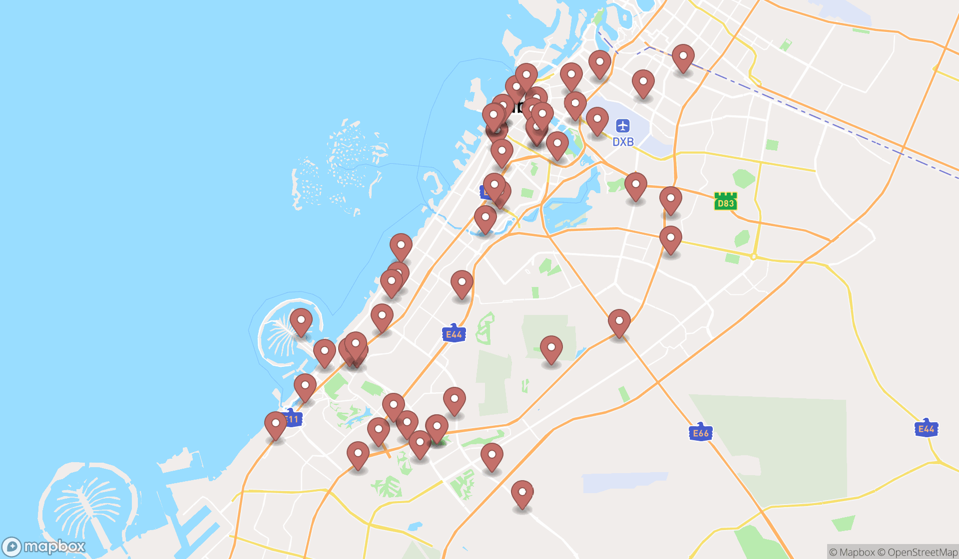 Map showing the search results in Dubai