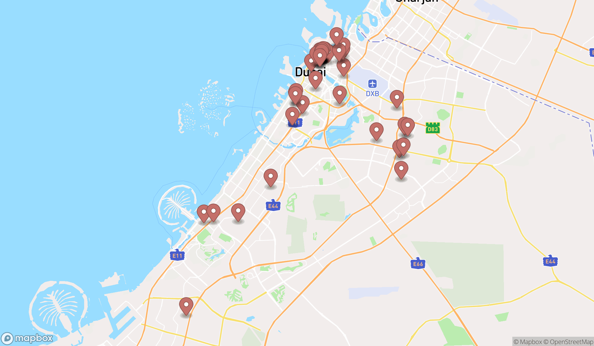 Map showing the search results in Dubai