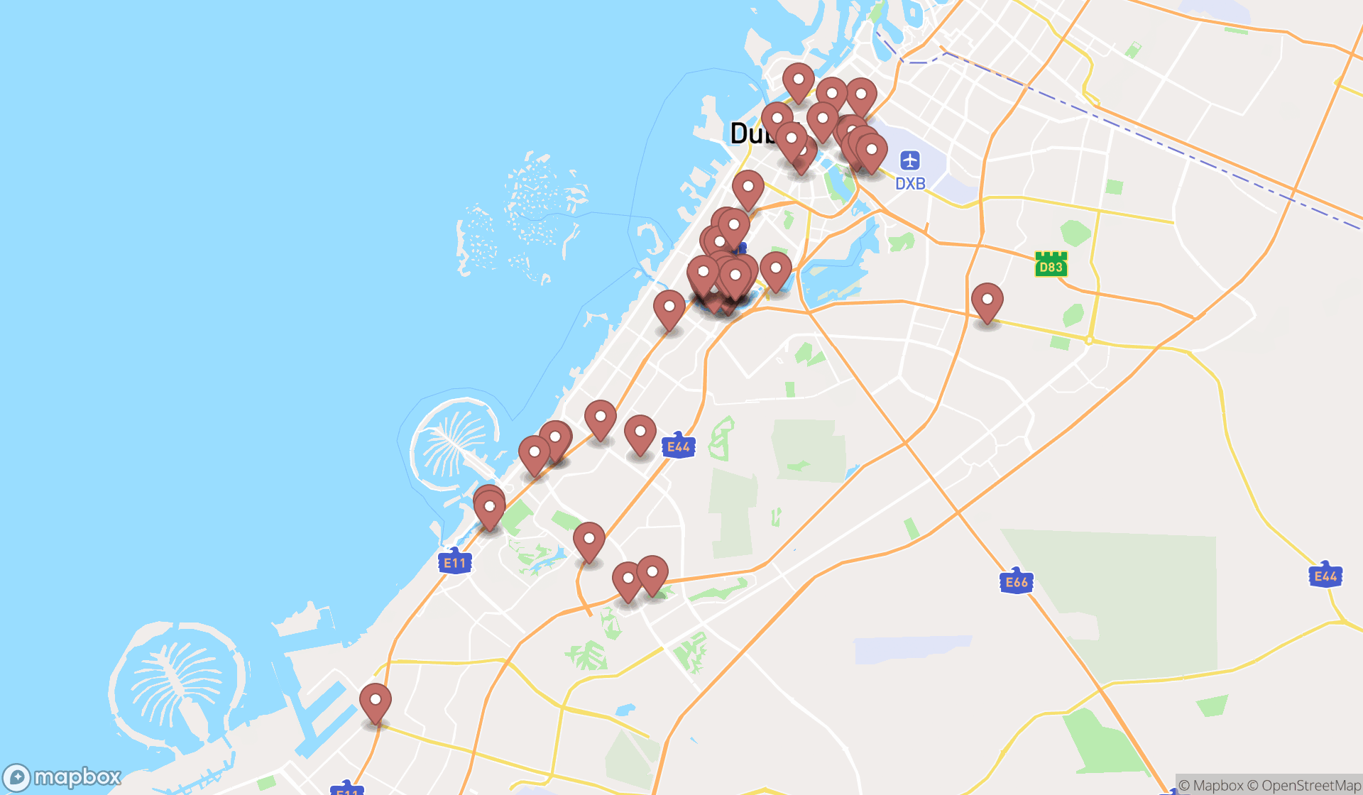 Map showing the search results in Dubai