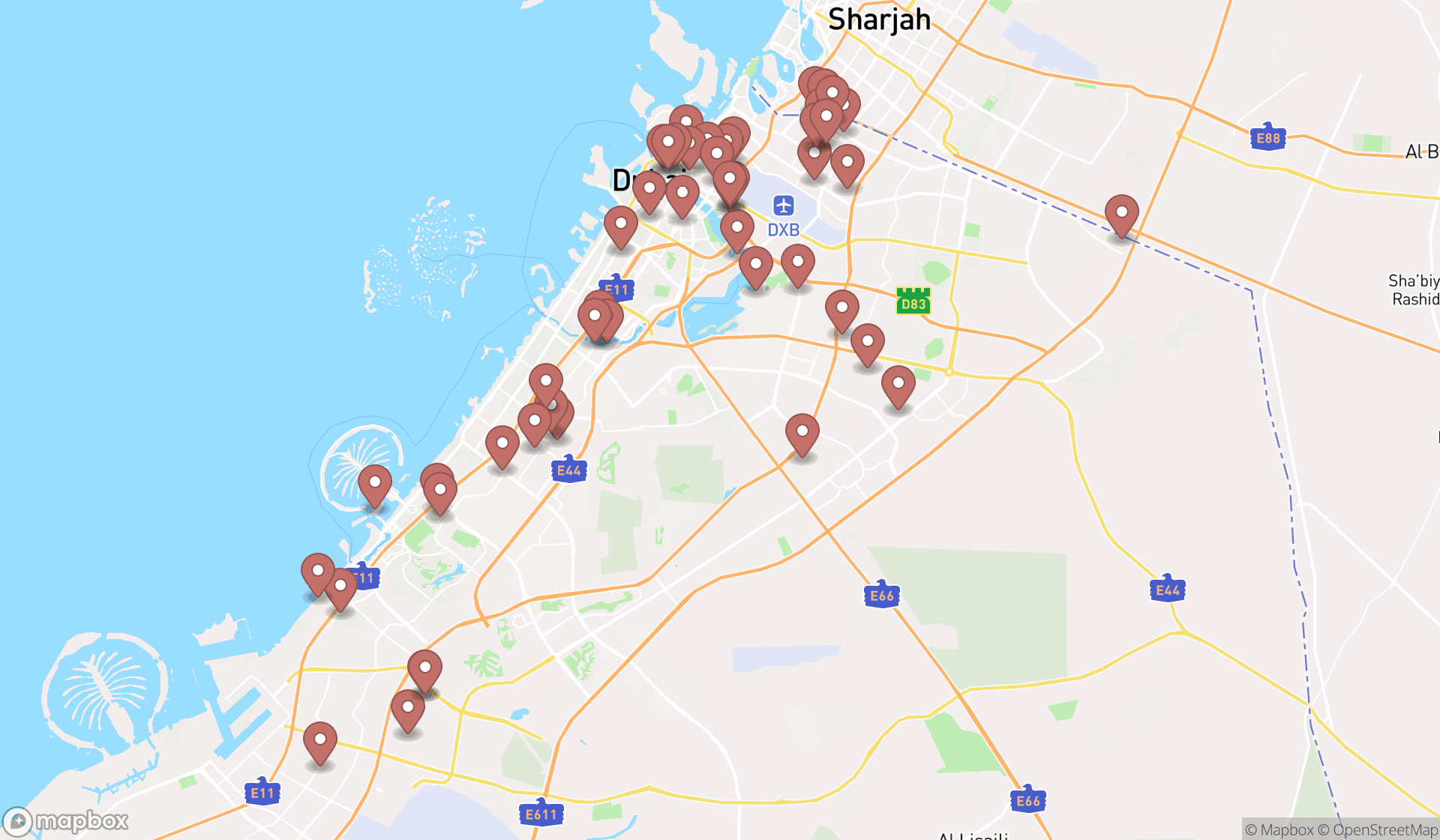 Map showing the search results in Dubai