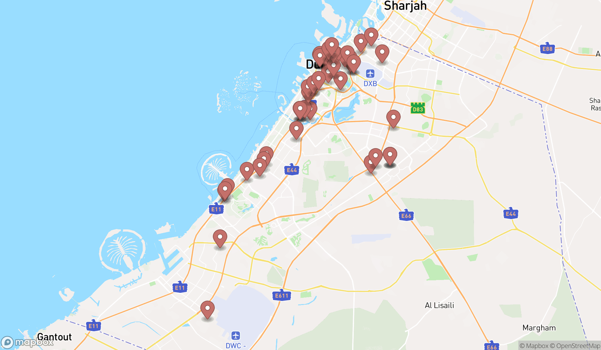 Map showing the search results in Dubai