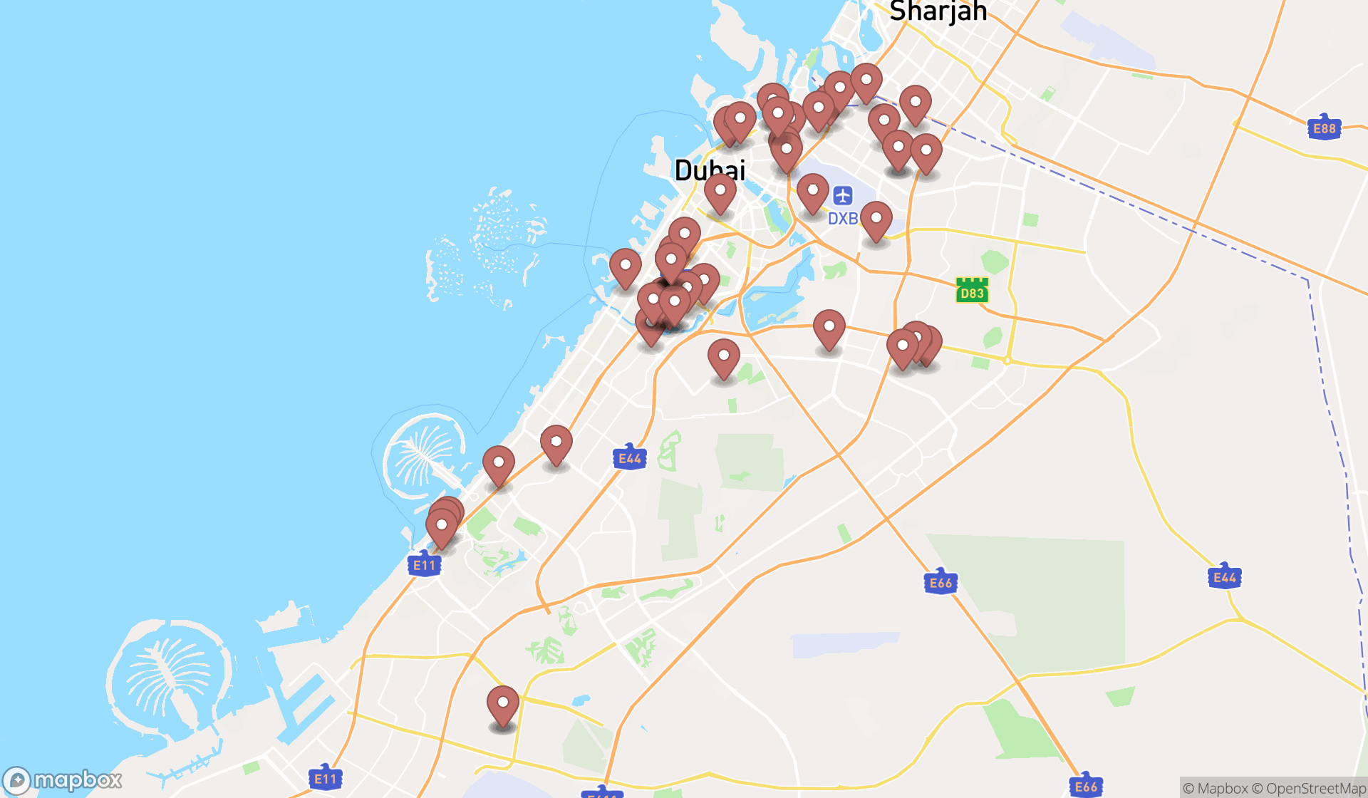 Map showing the search results in Dubai