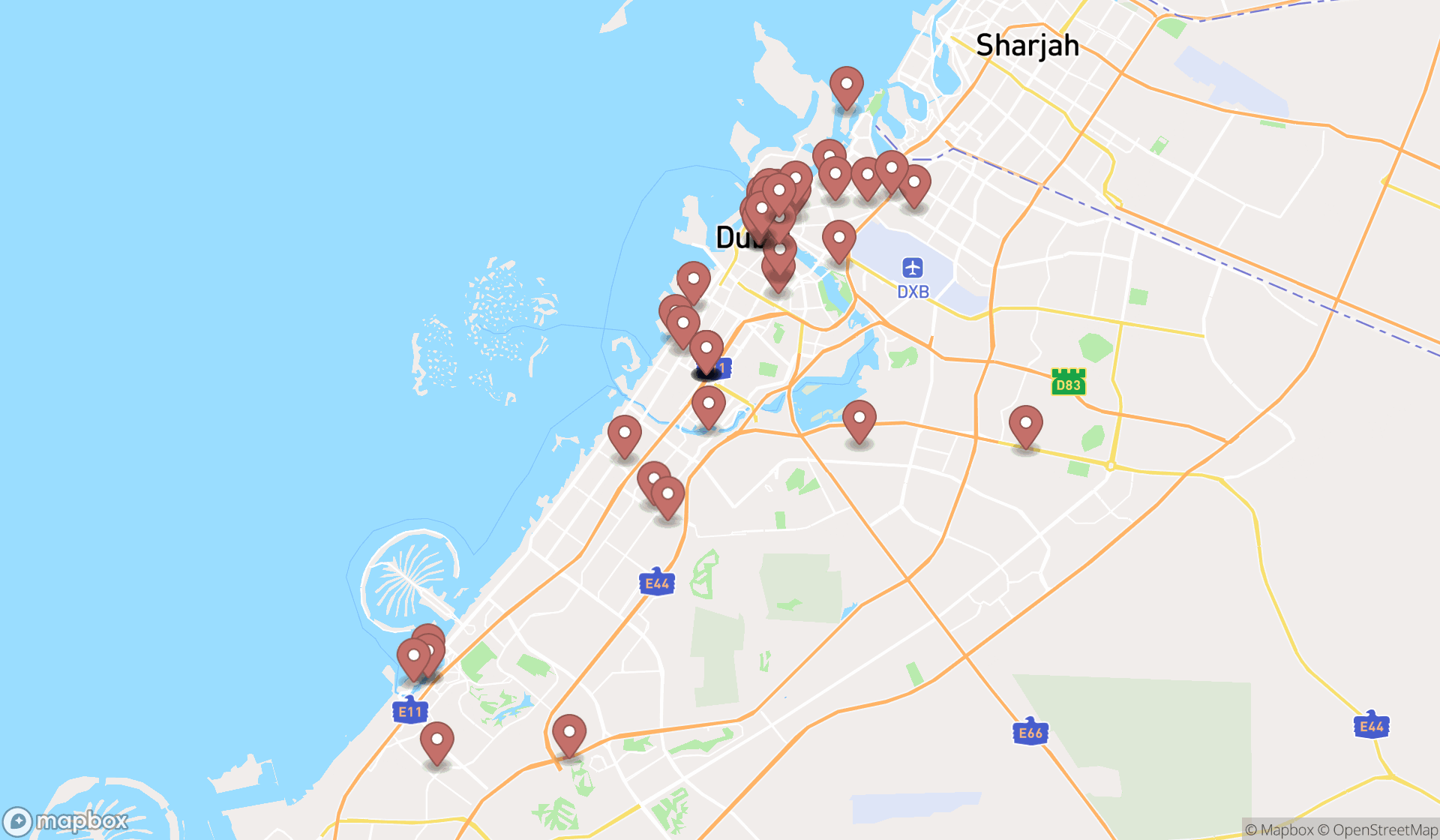 Map showing the search results in Dubai