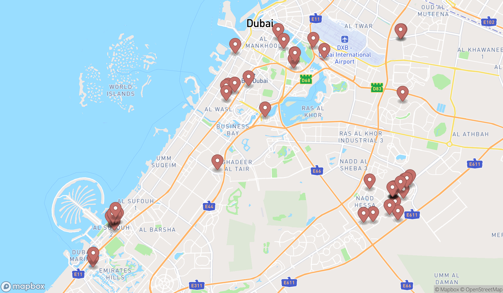 Map showing the search results in Dubai