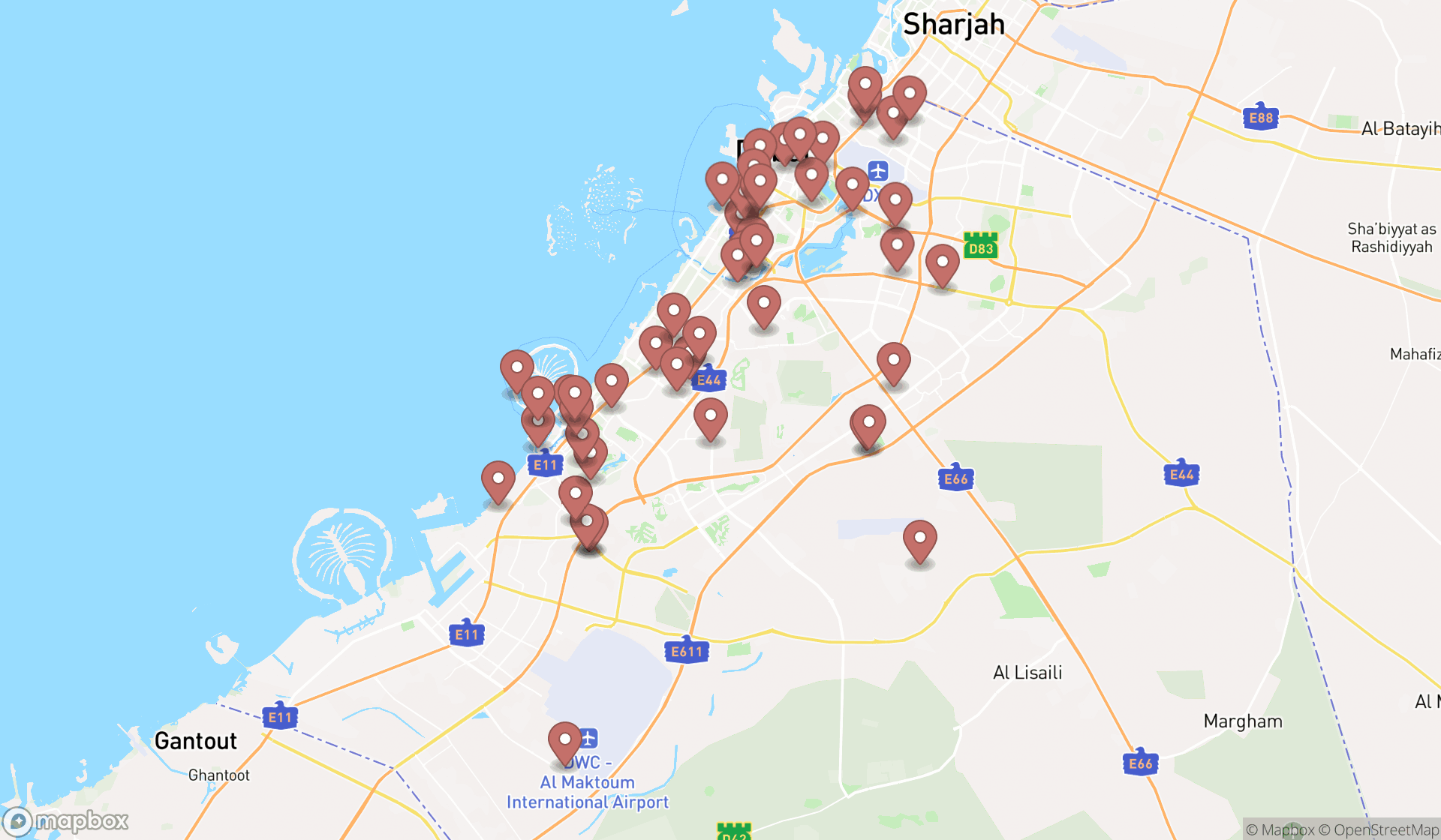 Map showing the search results in Dubai