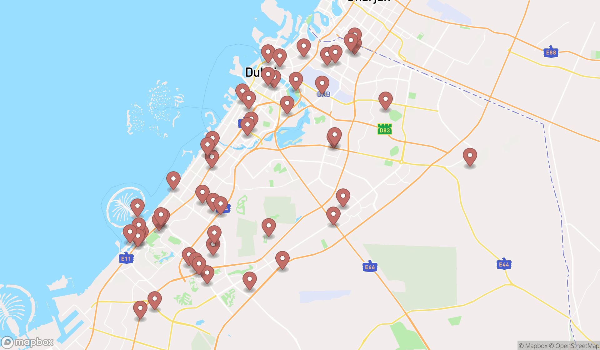 Map showing the search results in Dubai