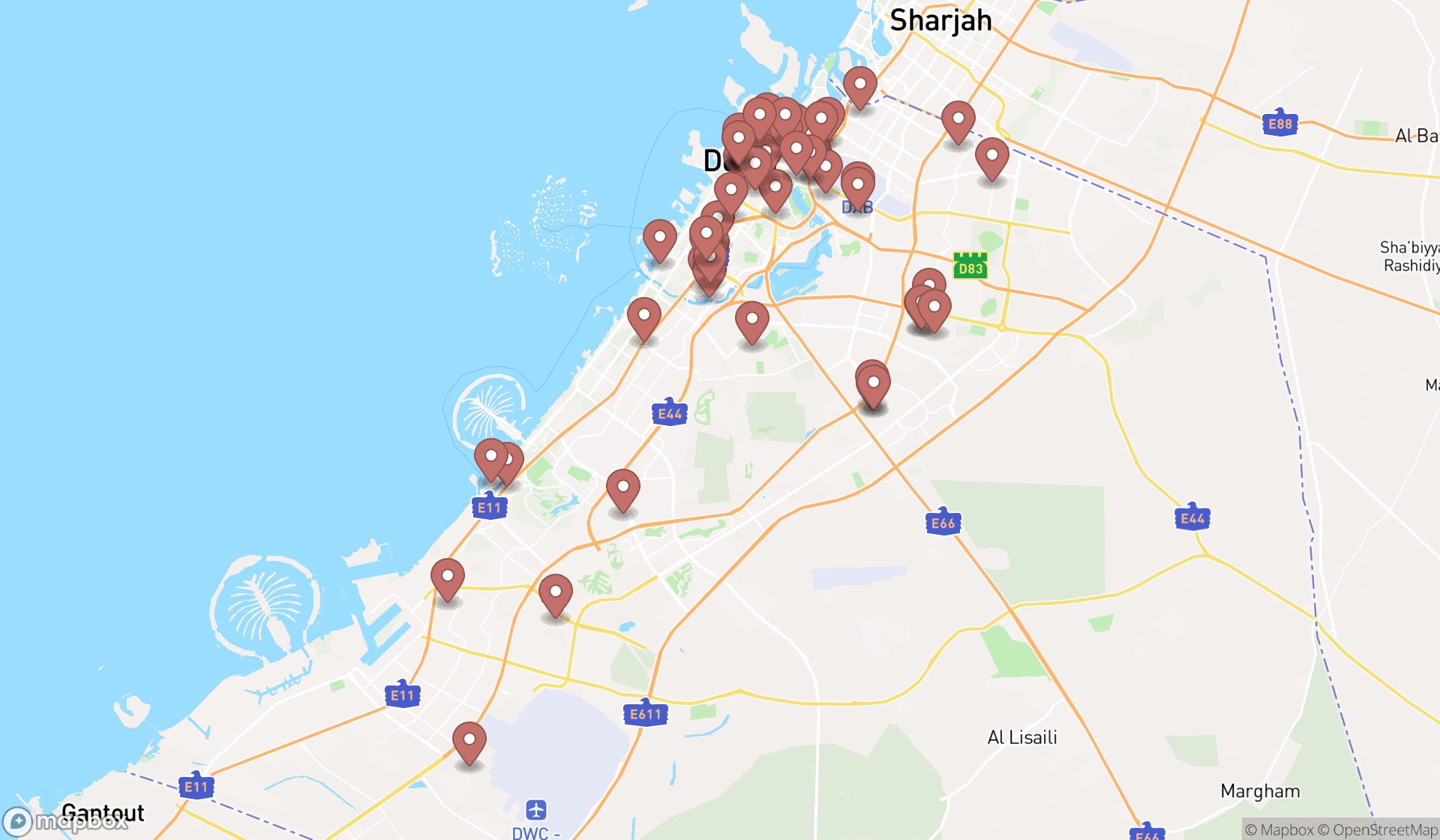 Map showing the search results in Dubai