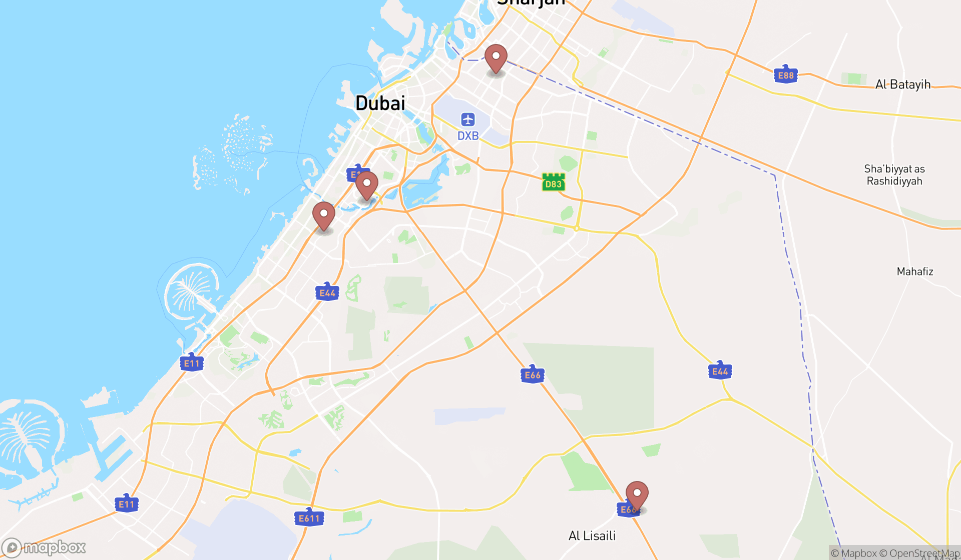 Map showing the search results in Dubai