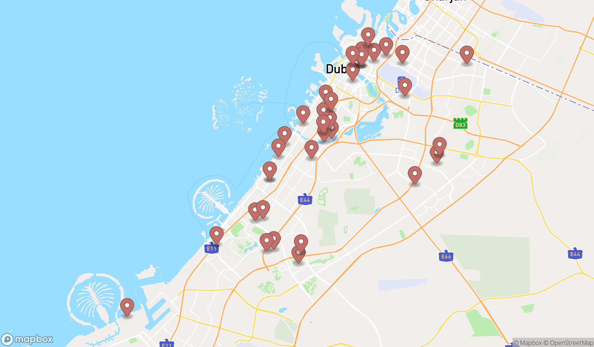 Map showing the search results in Dubai