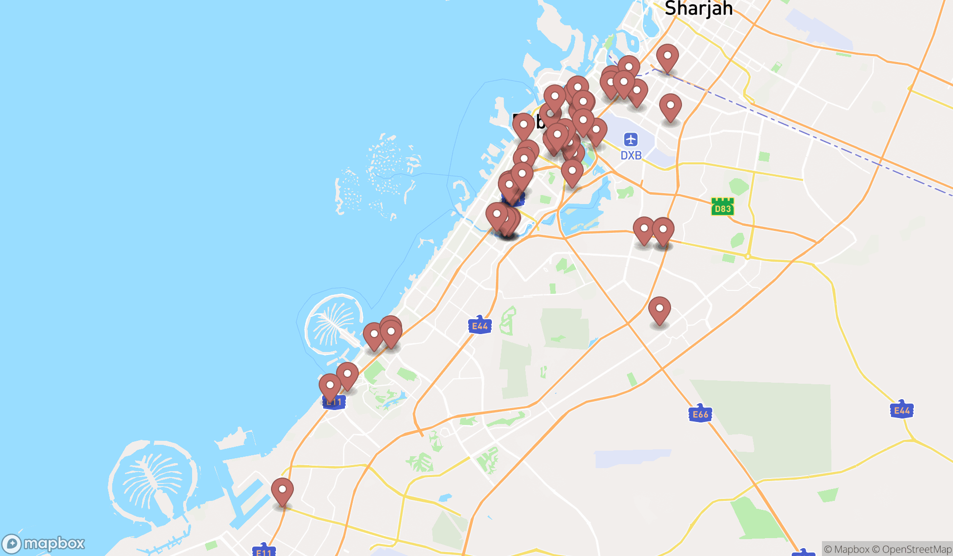 Map showing the search results in Dubai