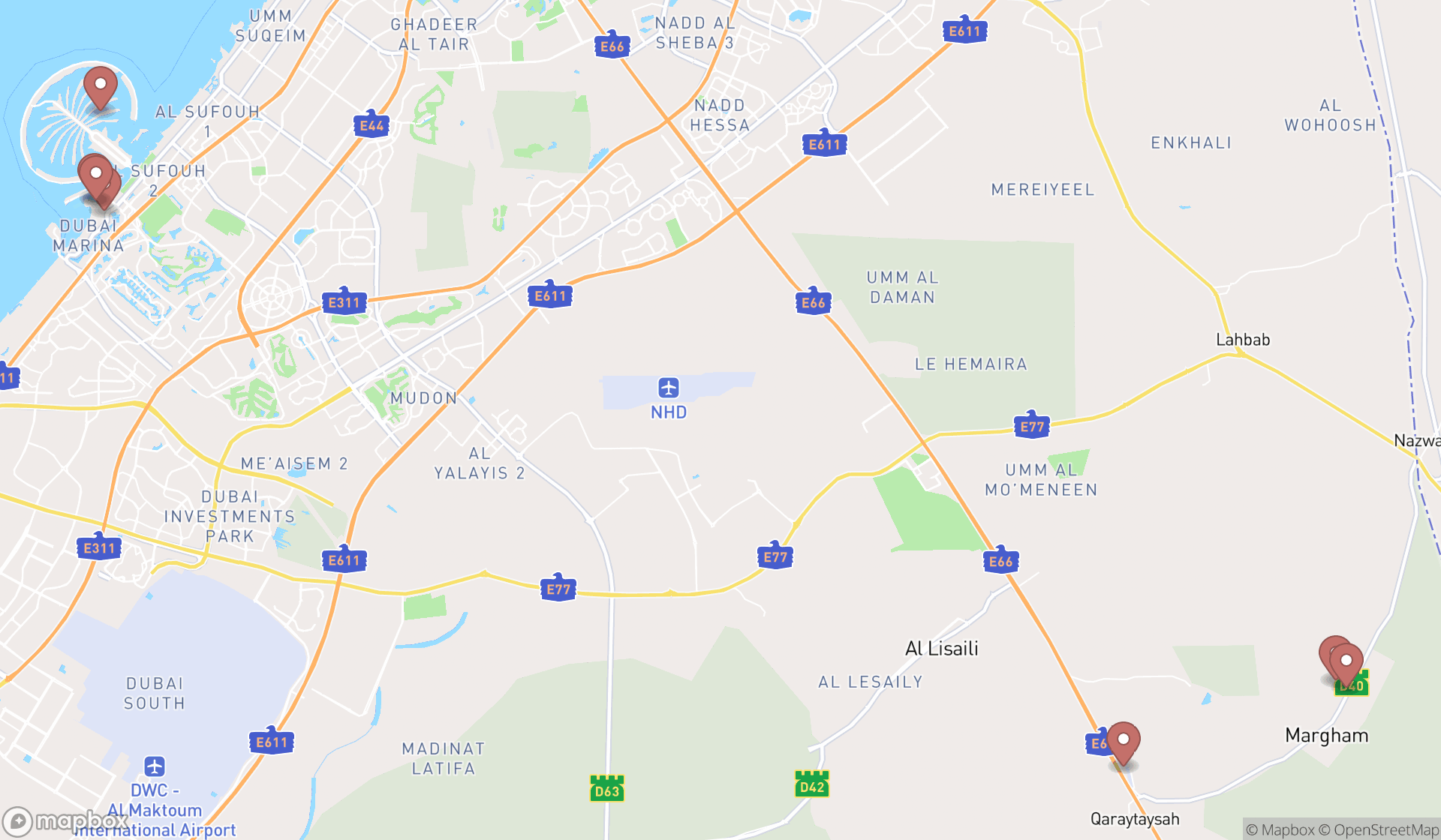 Map showing the search results in Dubai