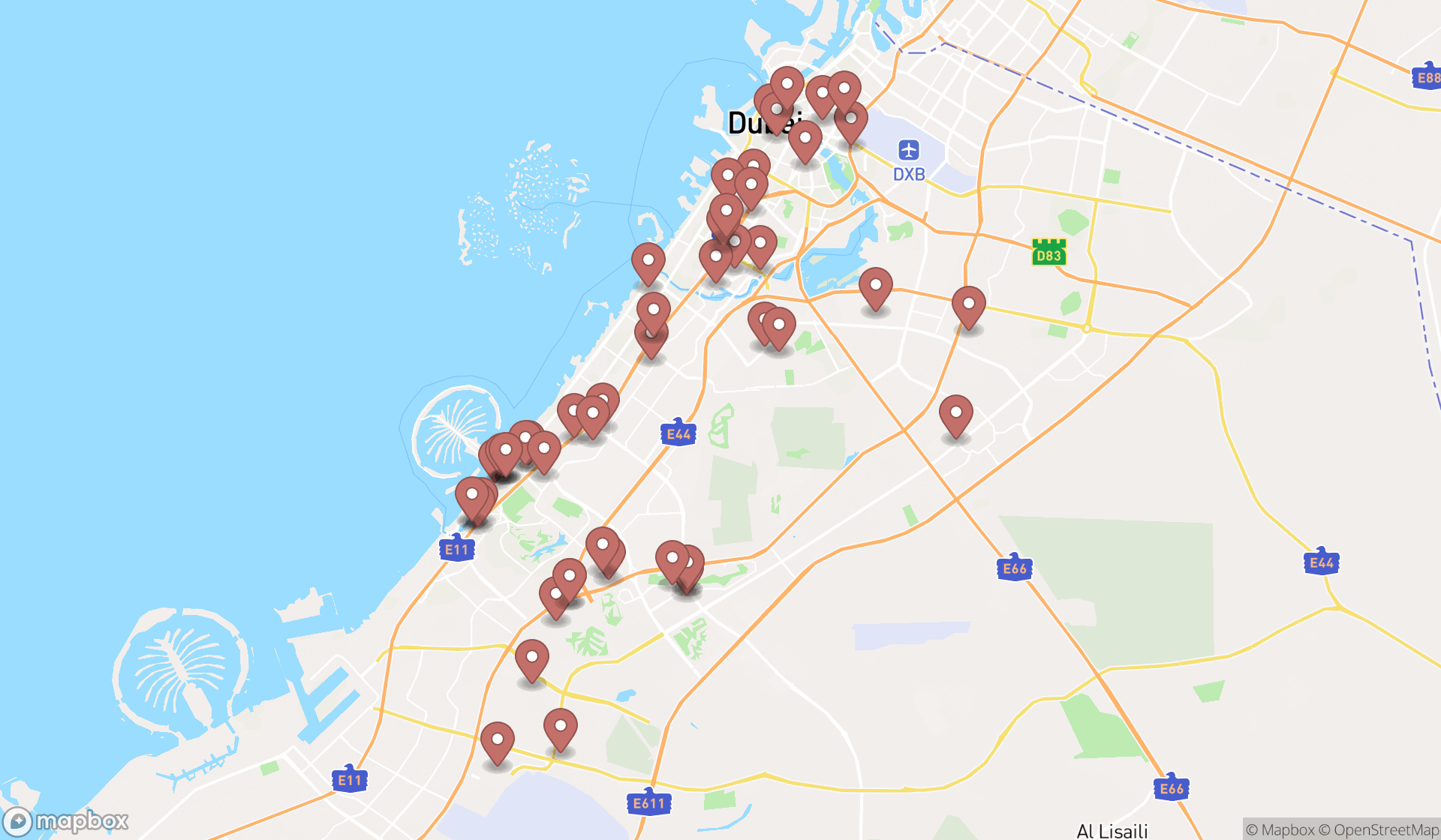 Map showing the search results in Dubai