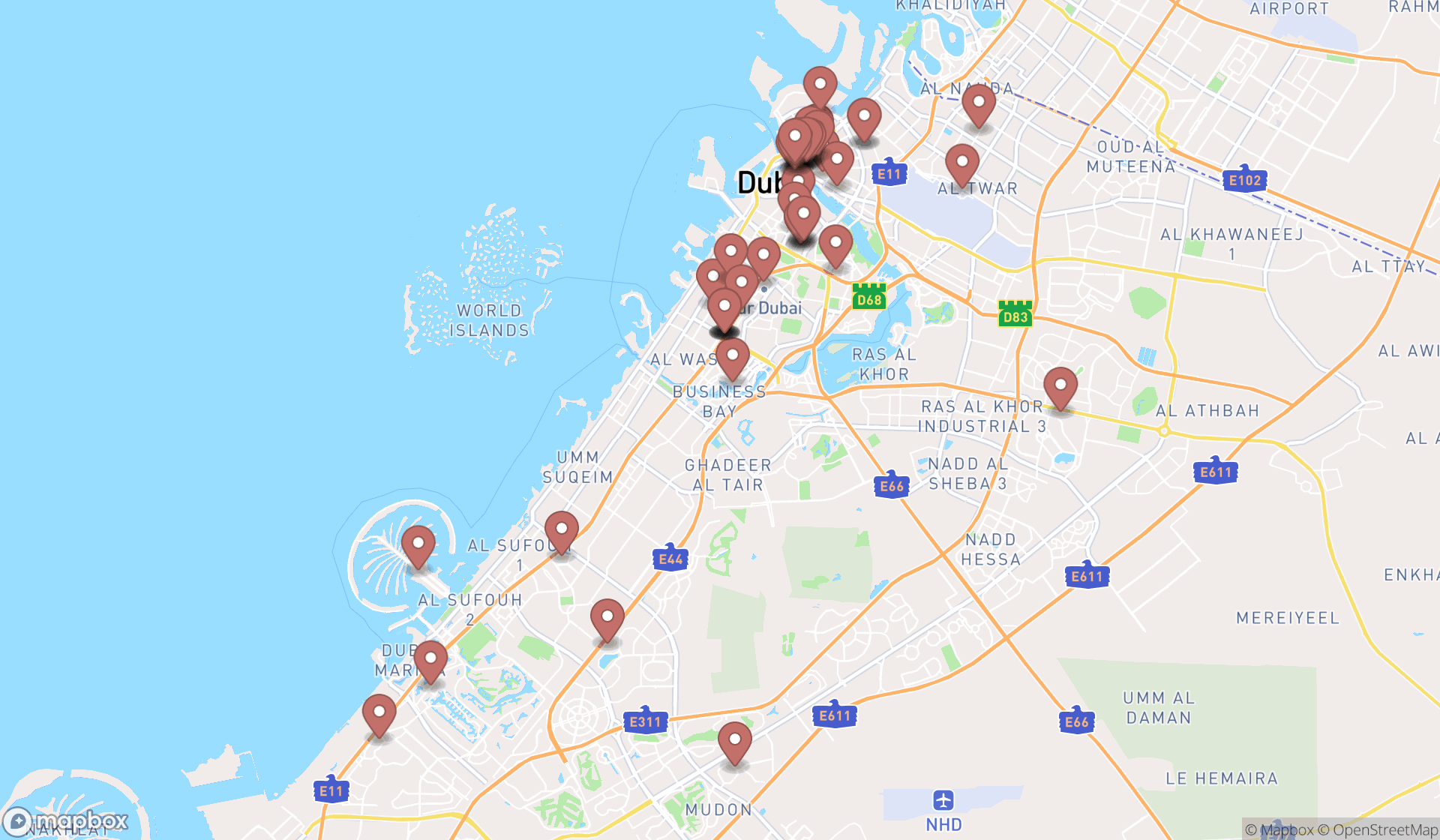 Map showing the search results in Dubai