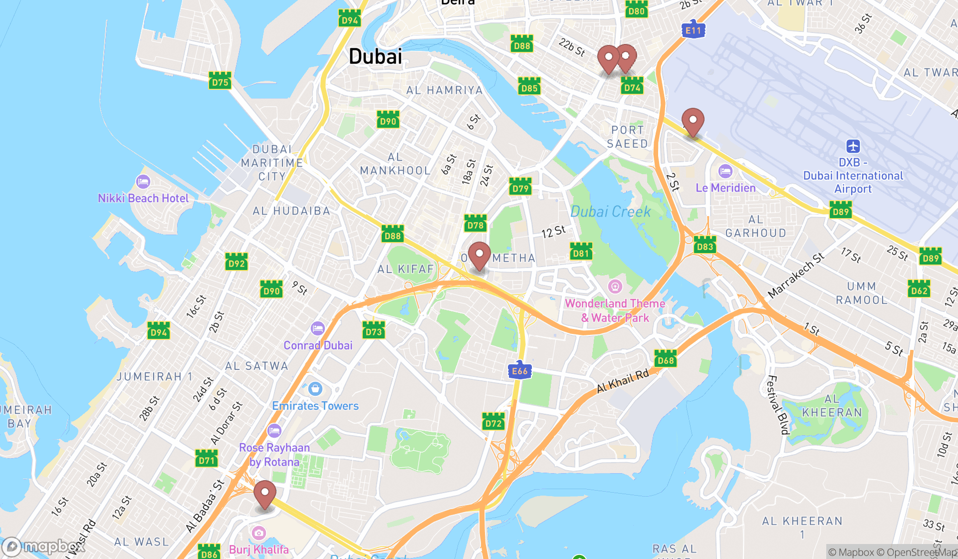 Map showing the search results in Dubai