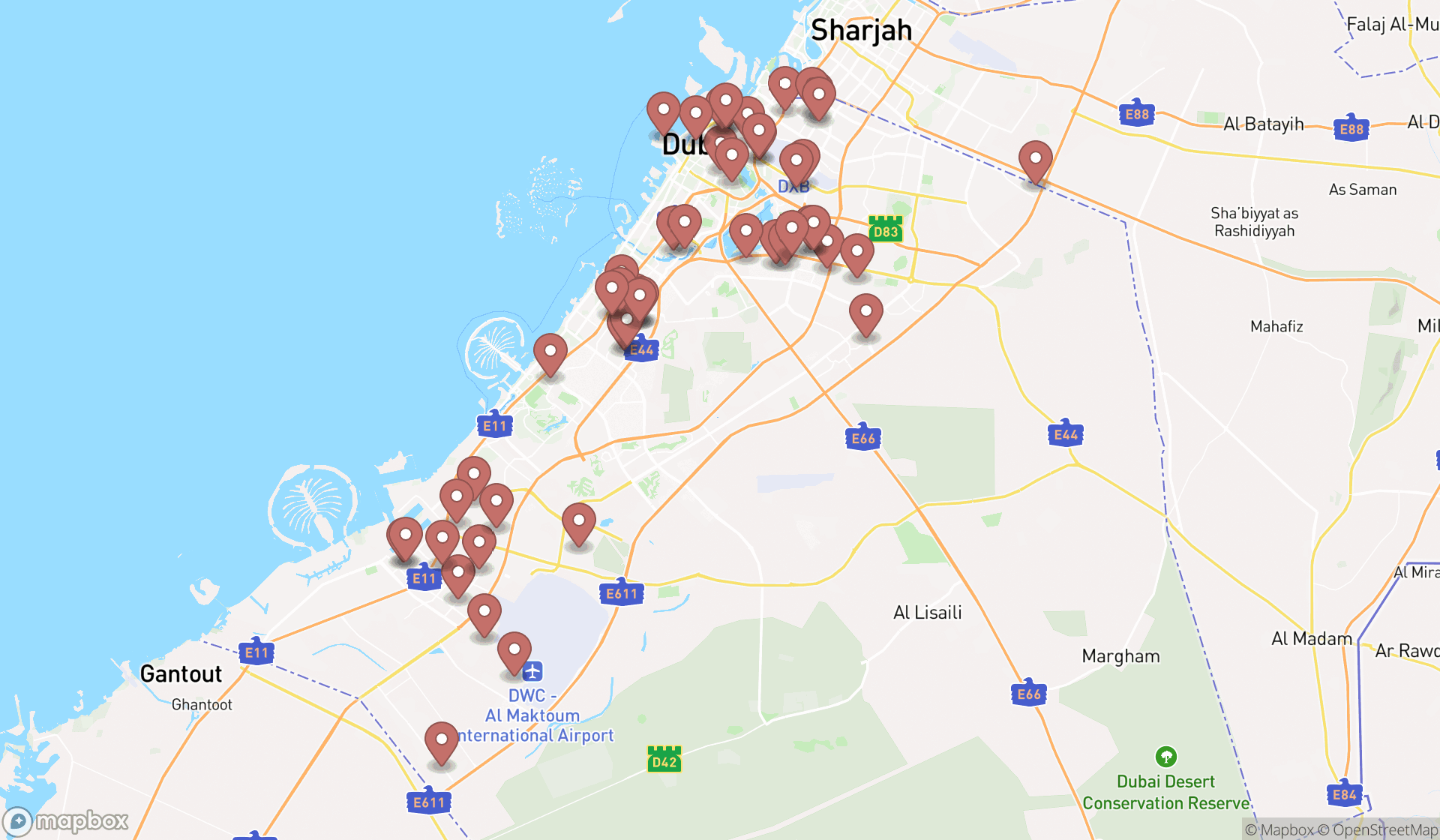Map showing the search results in Dubai