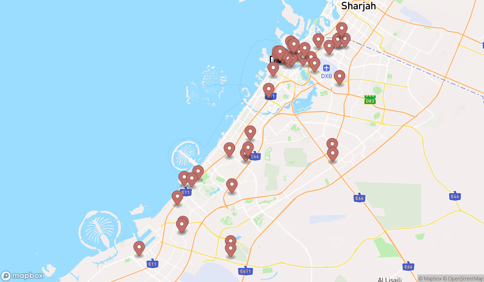 Map showing the search results in Dubai