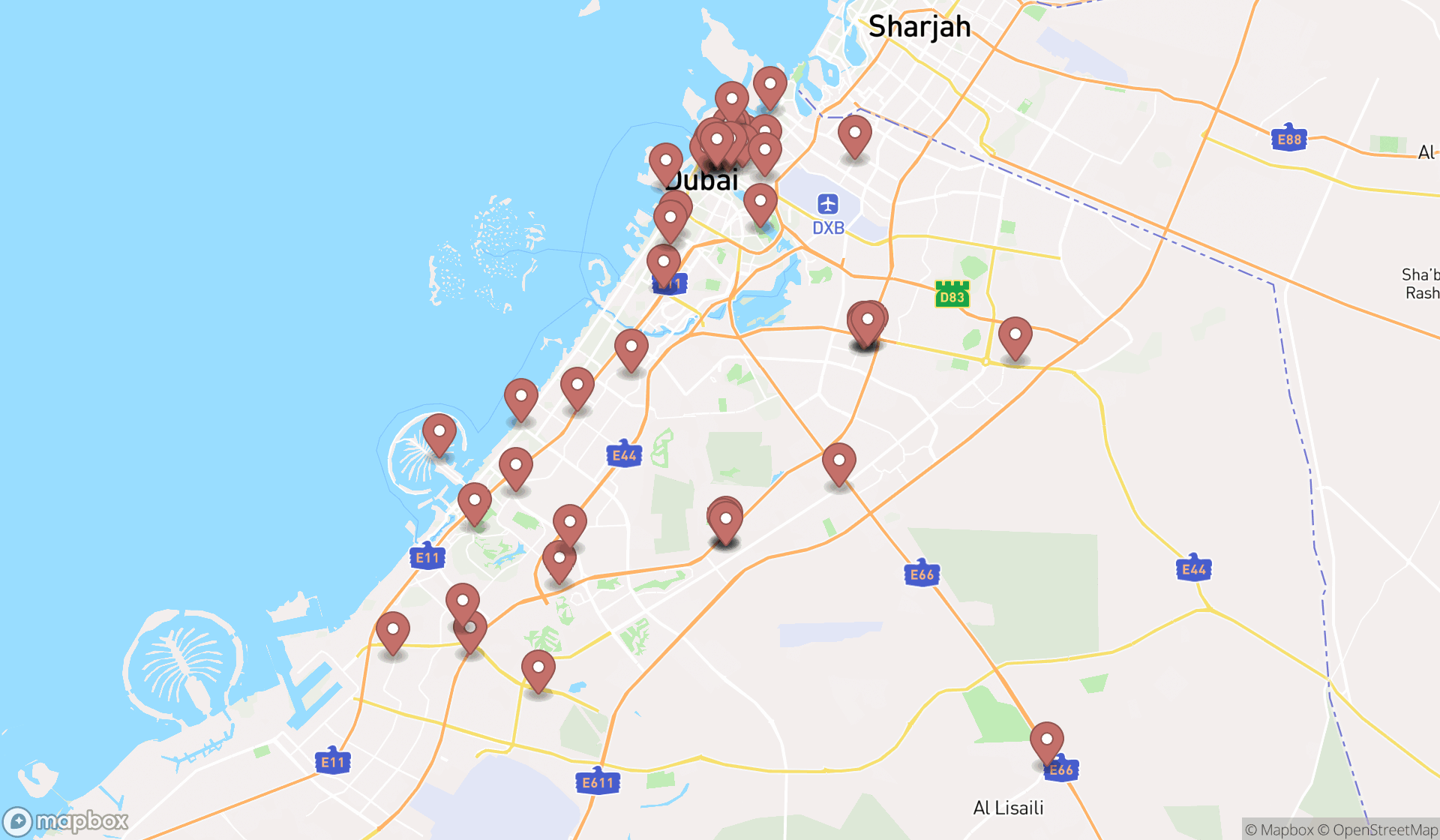 Map showing the search results in Dubai