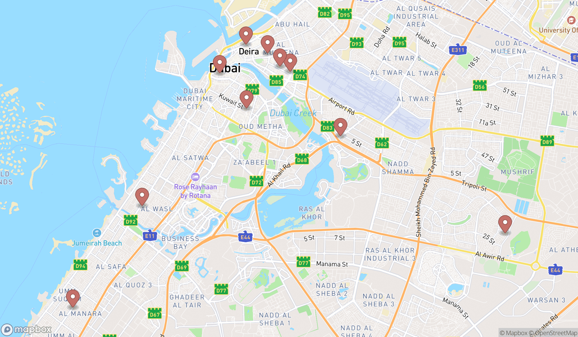 Map showing the search results in Dubai